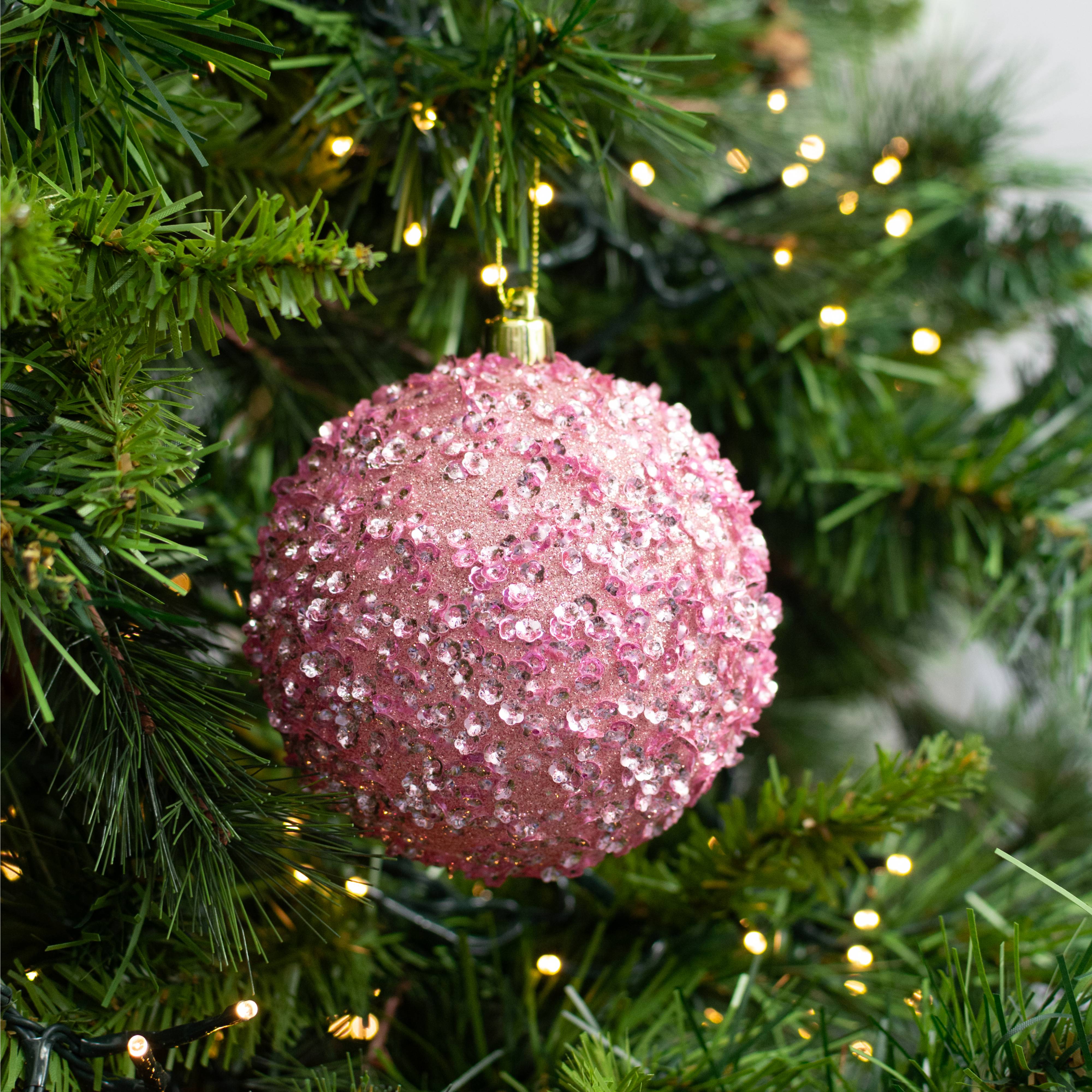 100mm Sequin & Glitter Ball Ornaments: Pale Pink (Box of 4)