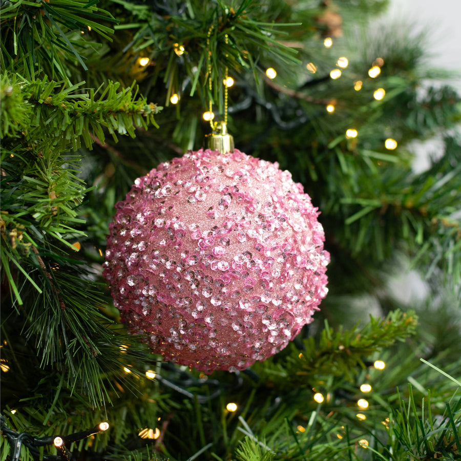 100mm Sequin & Glitter Ball Ornaments: Pale Pink (Box of 4)