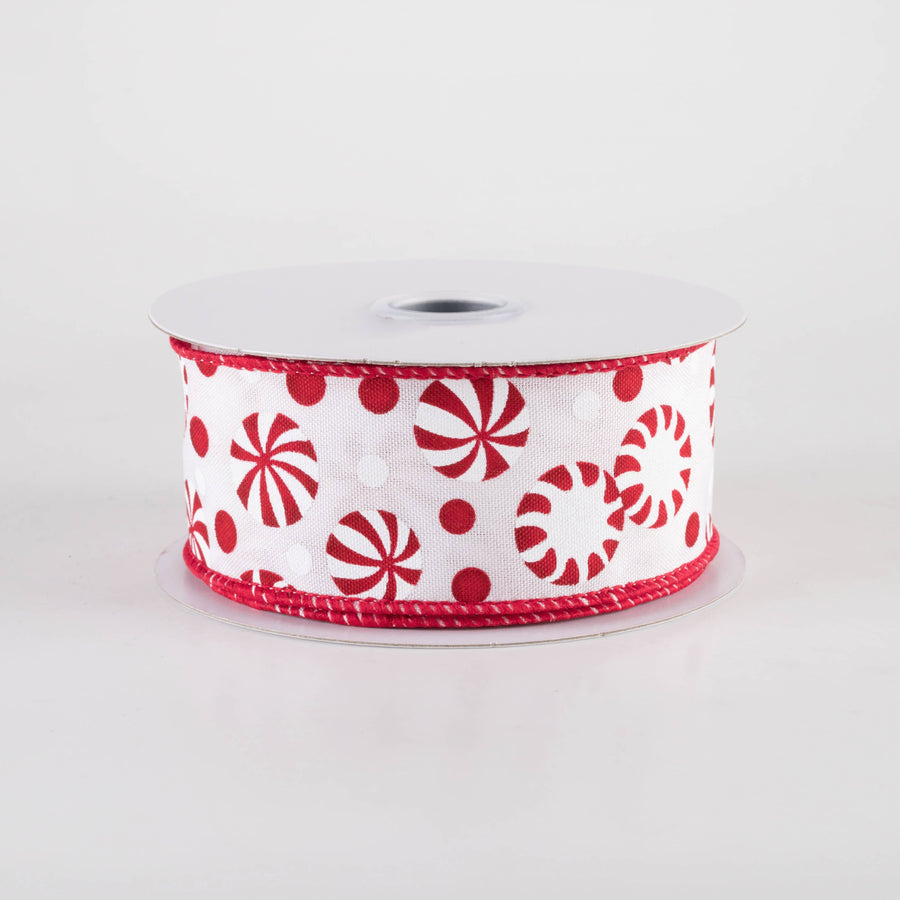 1.5" Christmas Candy Peppermints Ribbon: Red & White (10 Yards)
