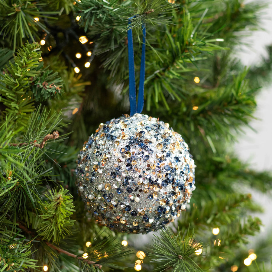 4" Sequin Glitter Ball Ornaments: Blue & Champagne (Box of 4)