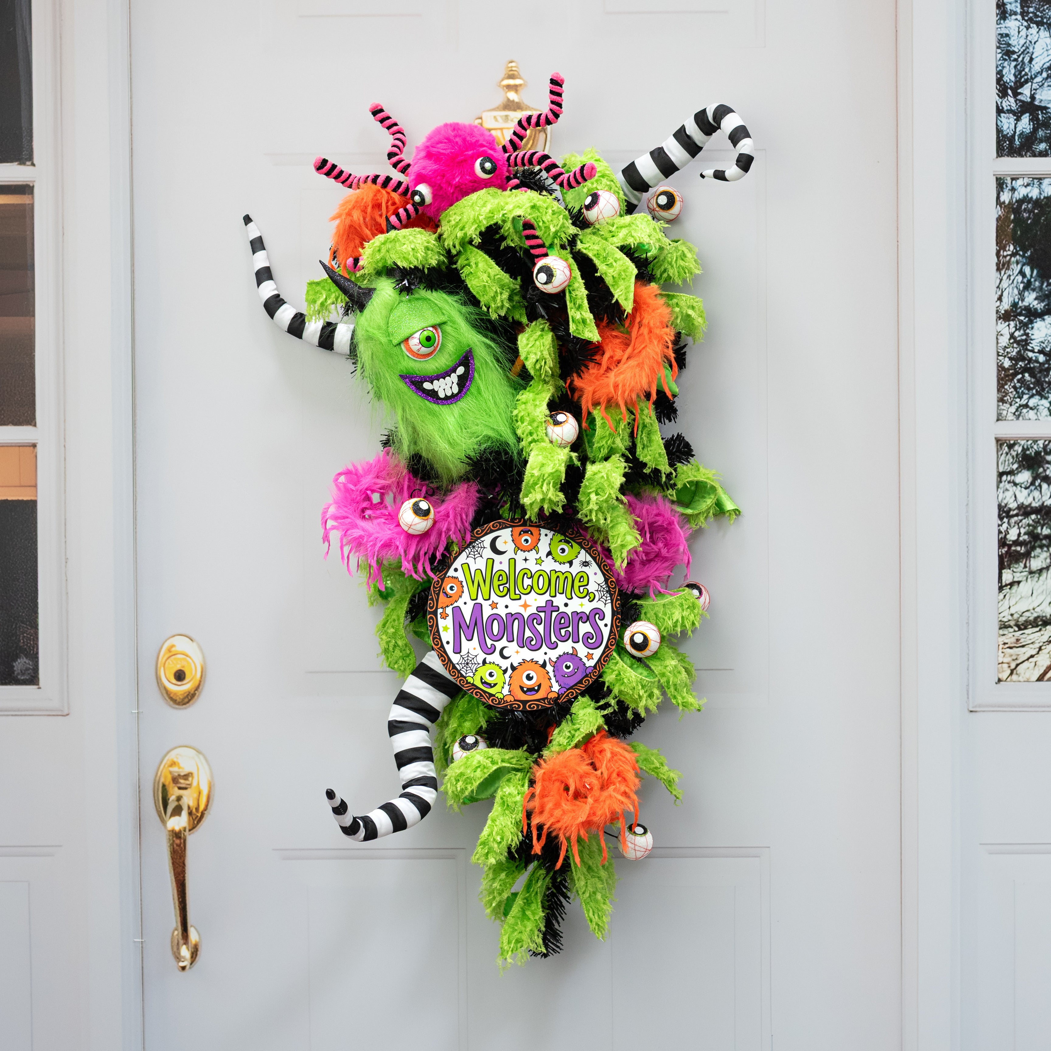 8.5" Round Waterproof Sign: One-Eyed Halloween Welcome Monsters