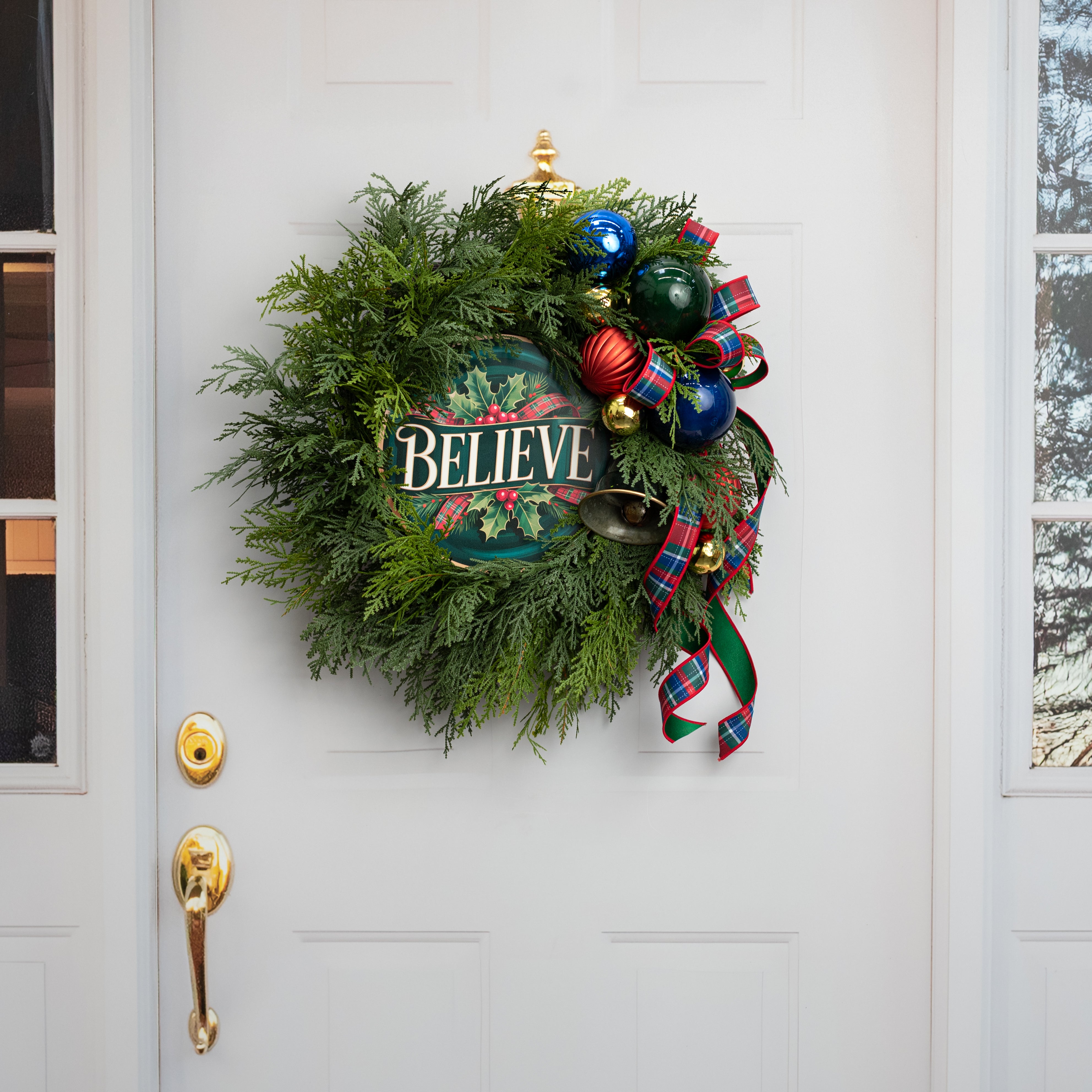 10.5" Round Waterproof Sign: Green Jewel Tone Plaid Believe