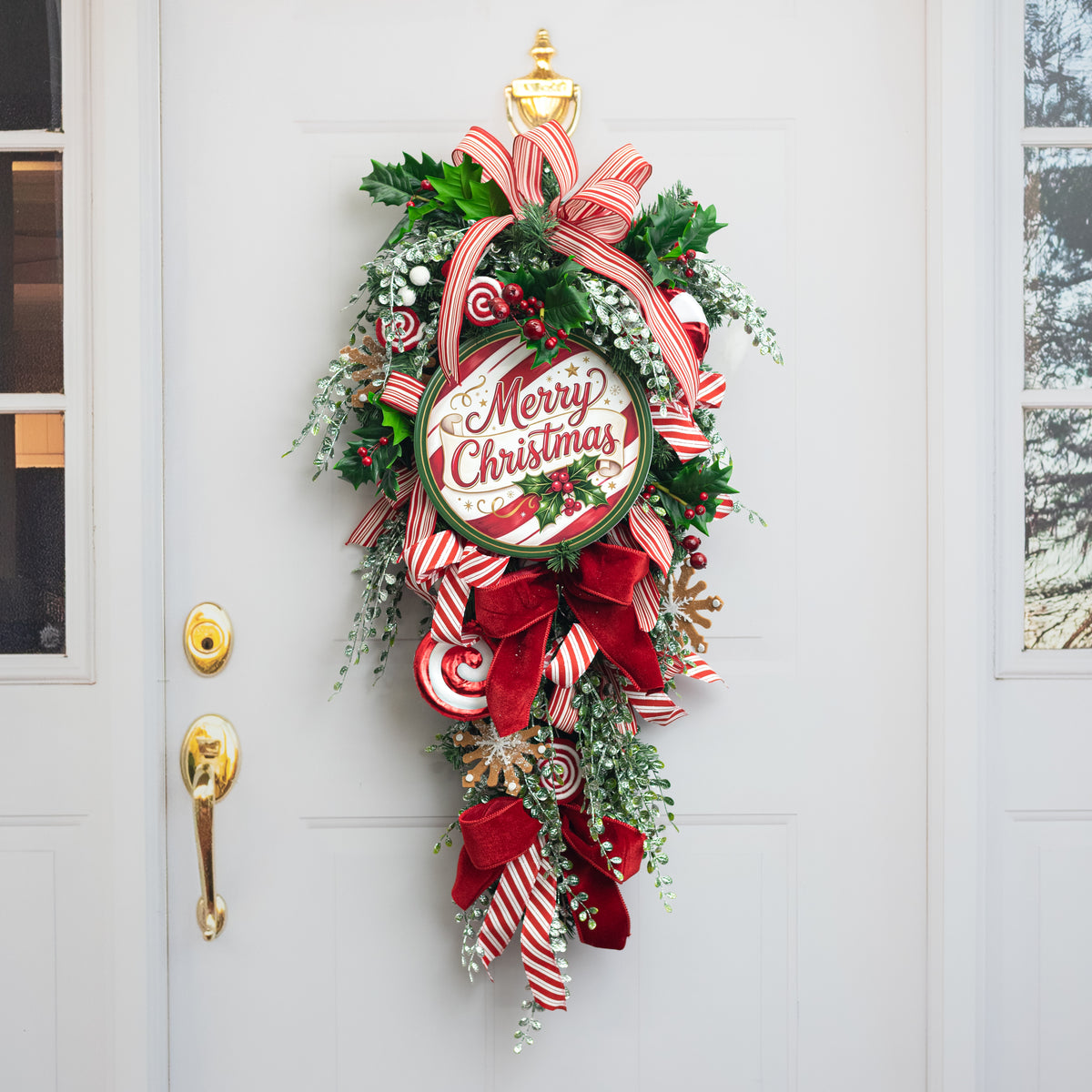 10.5" Round Waterproof Sign: Candy Stripe Merry Christmas Holly