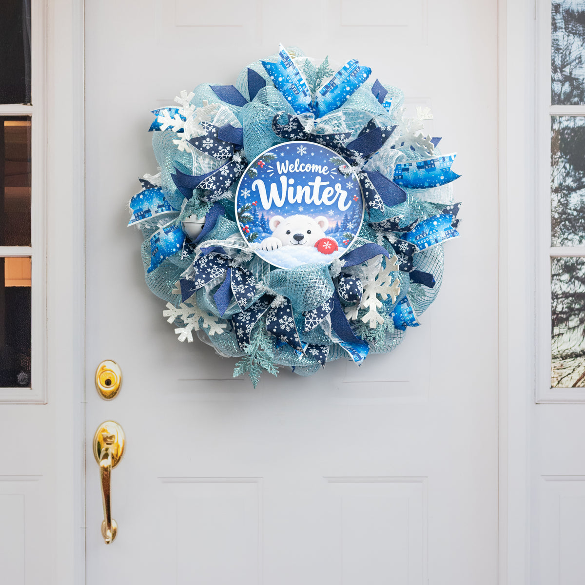 10.5" Round Waterproof Sign: Winter Welcome Peeking Polar Bear