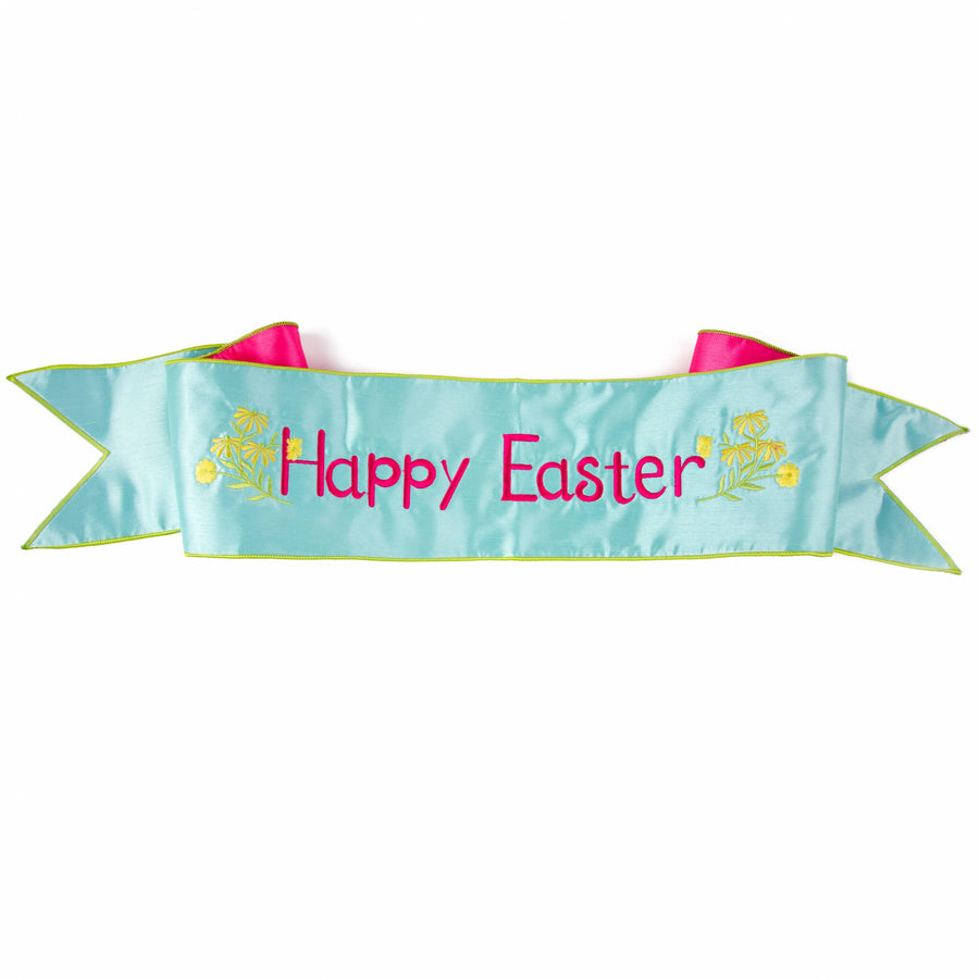 [D Stevens] 6" Dupioni Happy Easter Pink Backing Banner: Robins Egg Blue