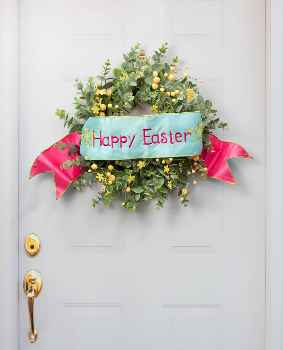 [D Stevens] 6" Dupioni Happy Easter Pink Backing Banner: Robins Egg Blue
