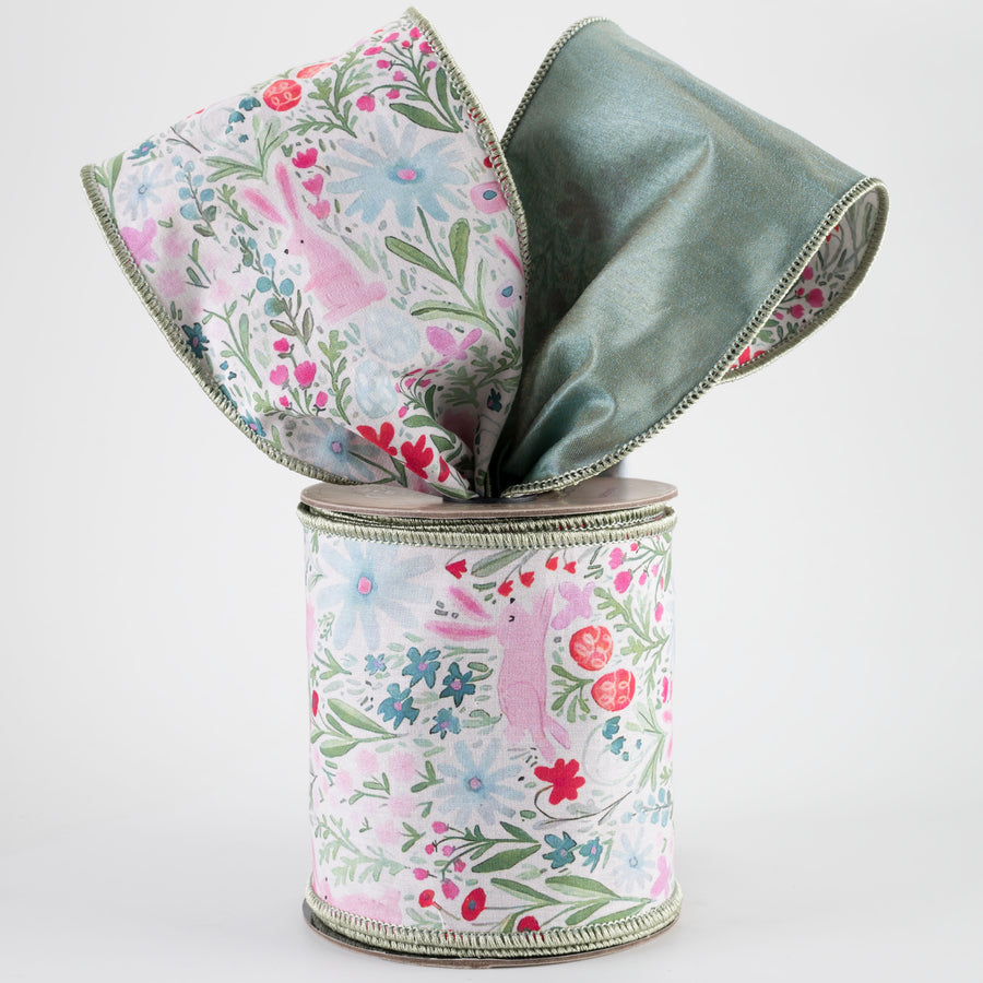 [D Stevens] 4" Poplin Watercolor Floral Bunny & Easter Eggs Ribbon (10 Yards)