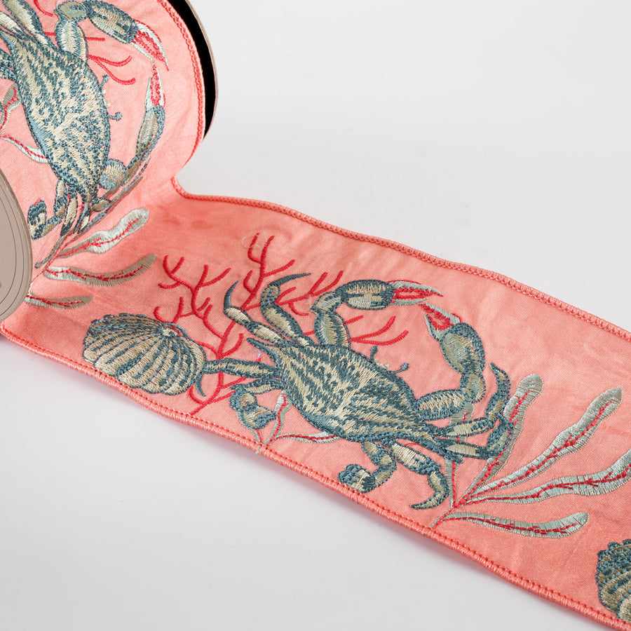 [D Stevens] 4" Dupioni Embroidered Blue Crab & Sea Urchin Ribbon (5 Yards)