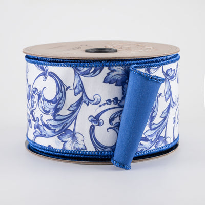 [D Stevens] 2.5" Taffeta Acanthus Scroll Chinoiserie Ribbon: Blue & White (10 Yards)