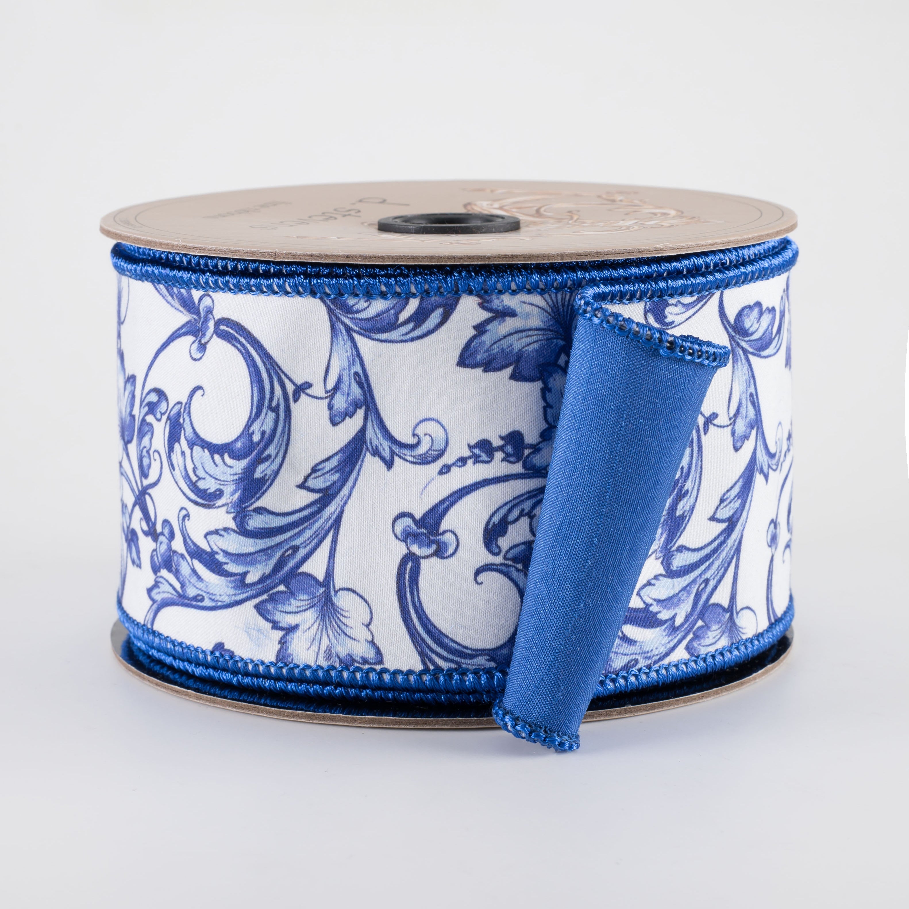 [D Stevens] 2.5" Taffeta Acanthus Scroll Chinoiserie Ribbon: Blue & White (10 Yards)