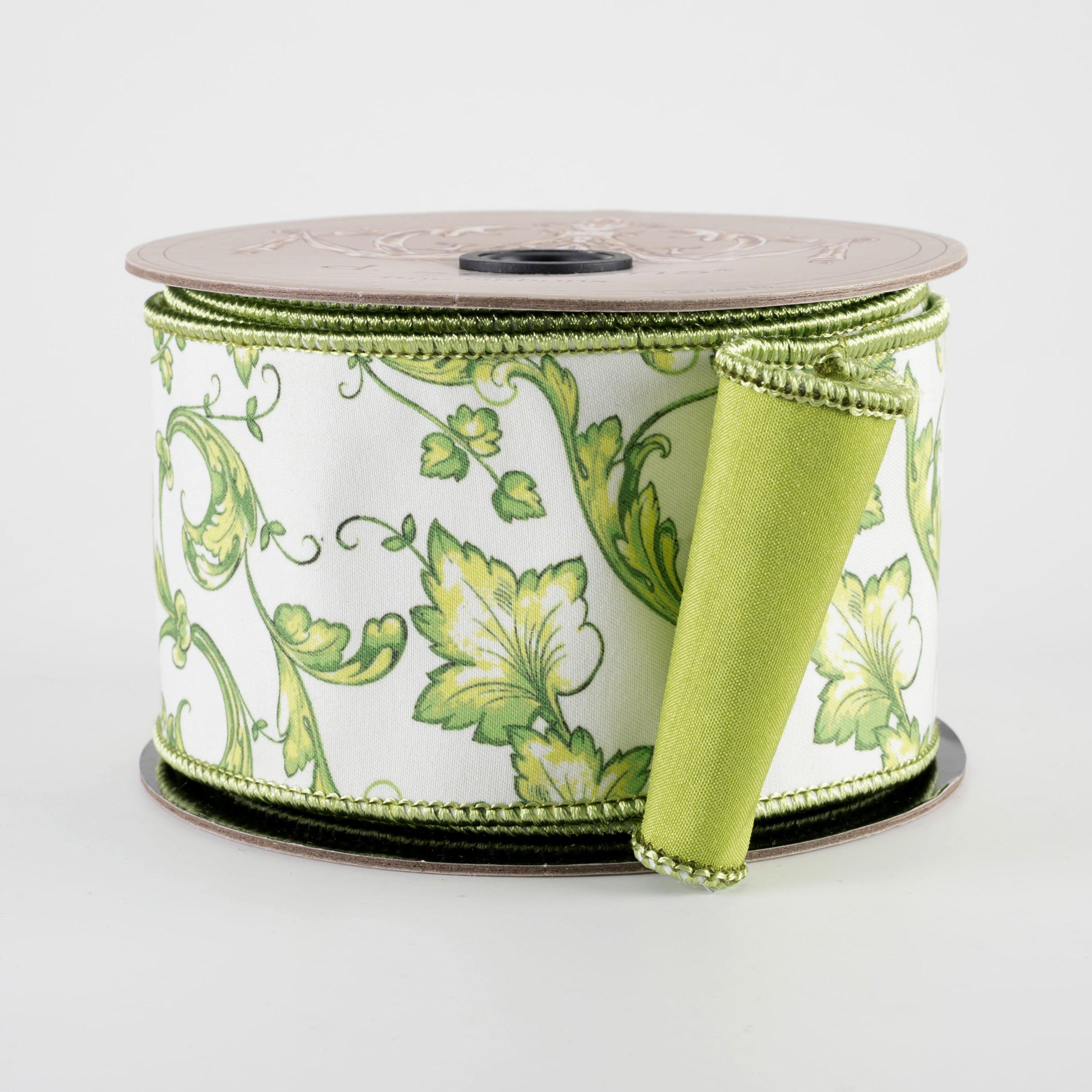 [D Stevens] 2.5" Taffeta Acanthus Scroll Chinoiserie Ribbon: Lime & White (10 Yards)