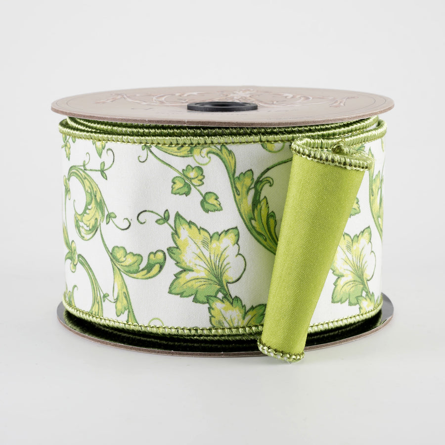 [D Stevens] 2.5" Taffeta Acanthus Scroll Chinoiserie Ribbon: Lime & White (10 Yards)
