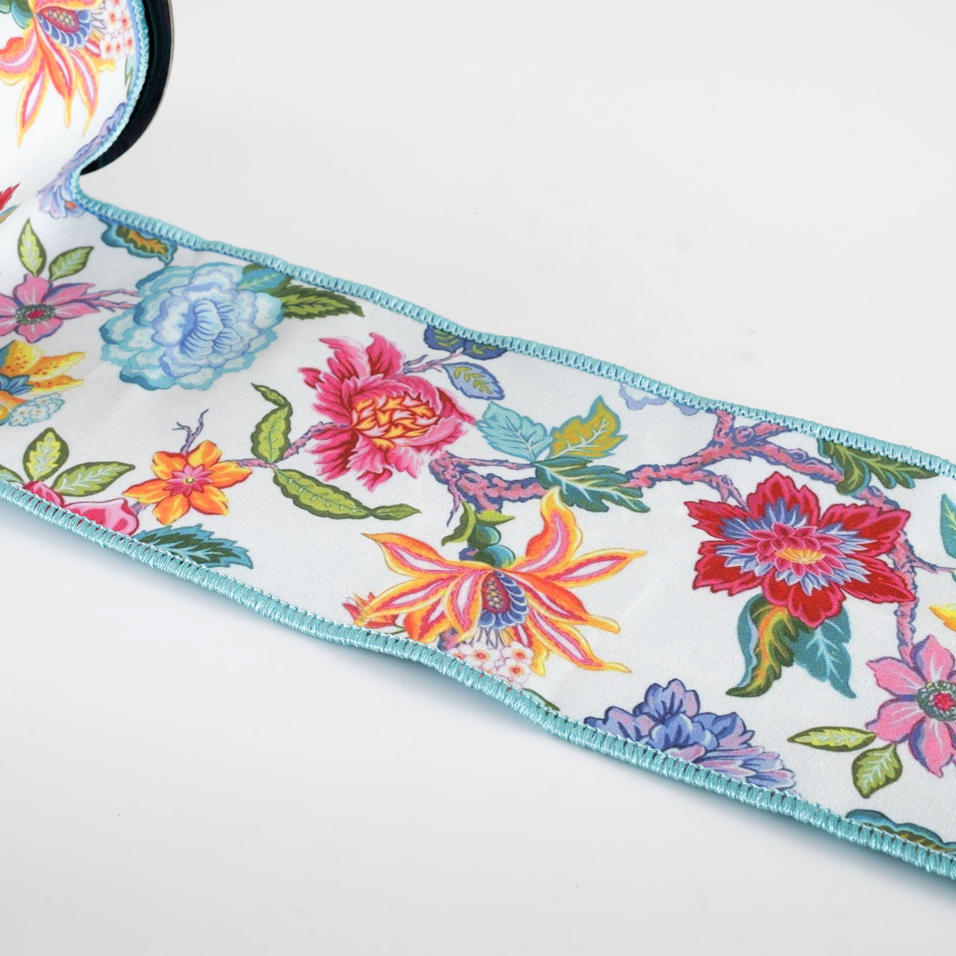 [D Stevens] 4" Poplin Mixed Colorful Floral Ribbon: Blue (5 Yards)
