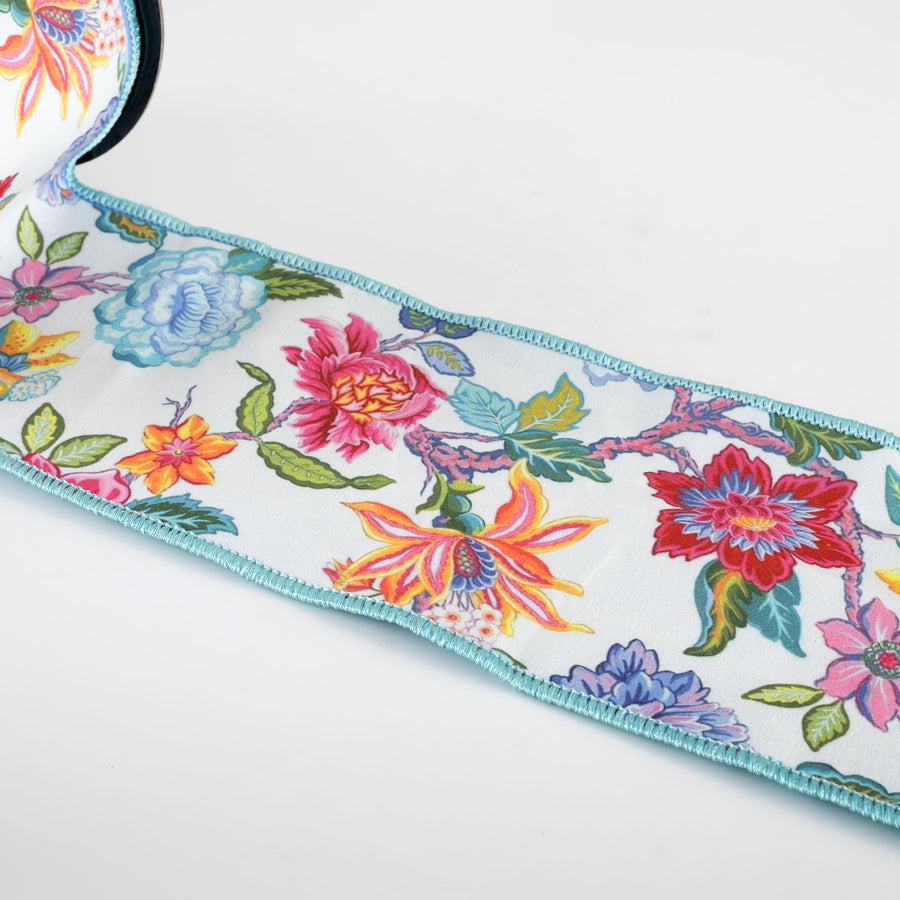 [D Stevens] 4" Poplin Mixed Colorful Floral Ribbon: Blue (5 Yards)
