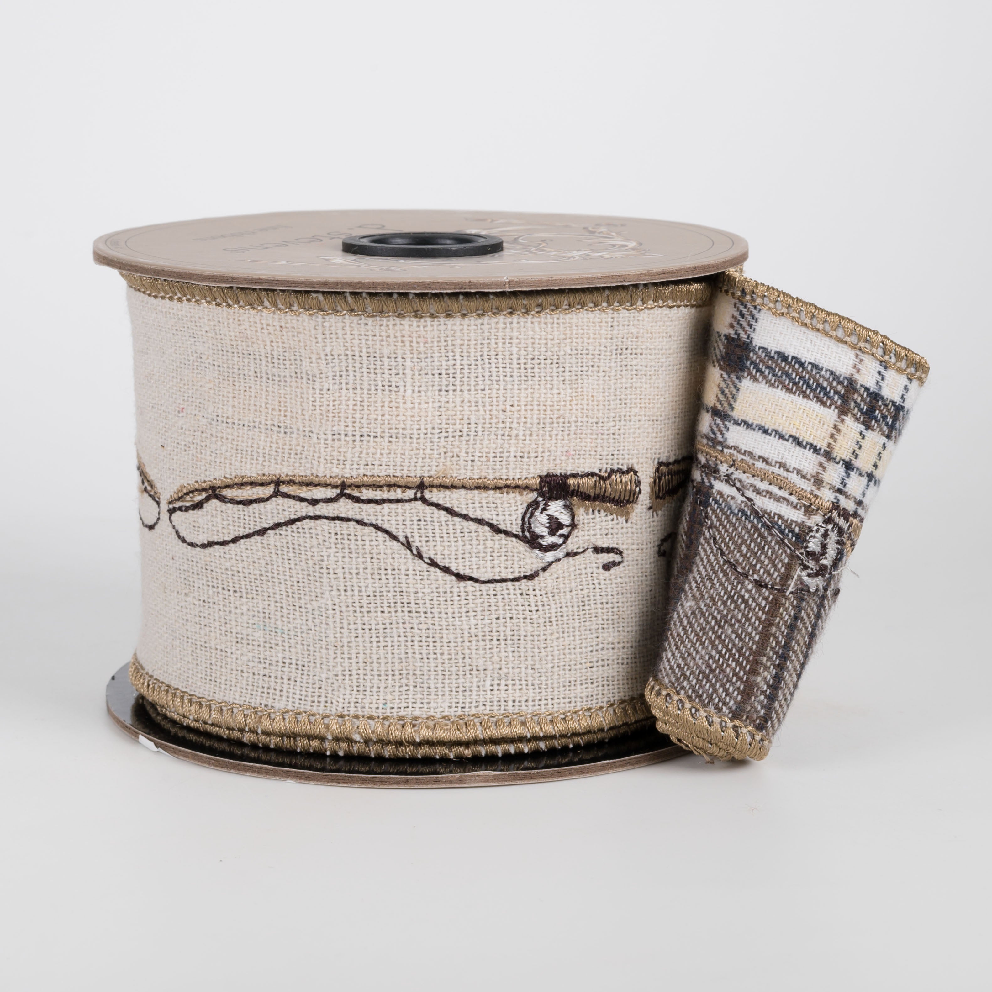 [D Stevens] 2.5" Linen Embroidered Fishing Rod Ribbon: Plaid Back Natural (5 Yards)