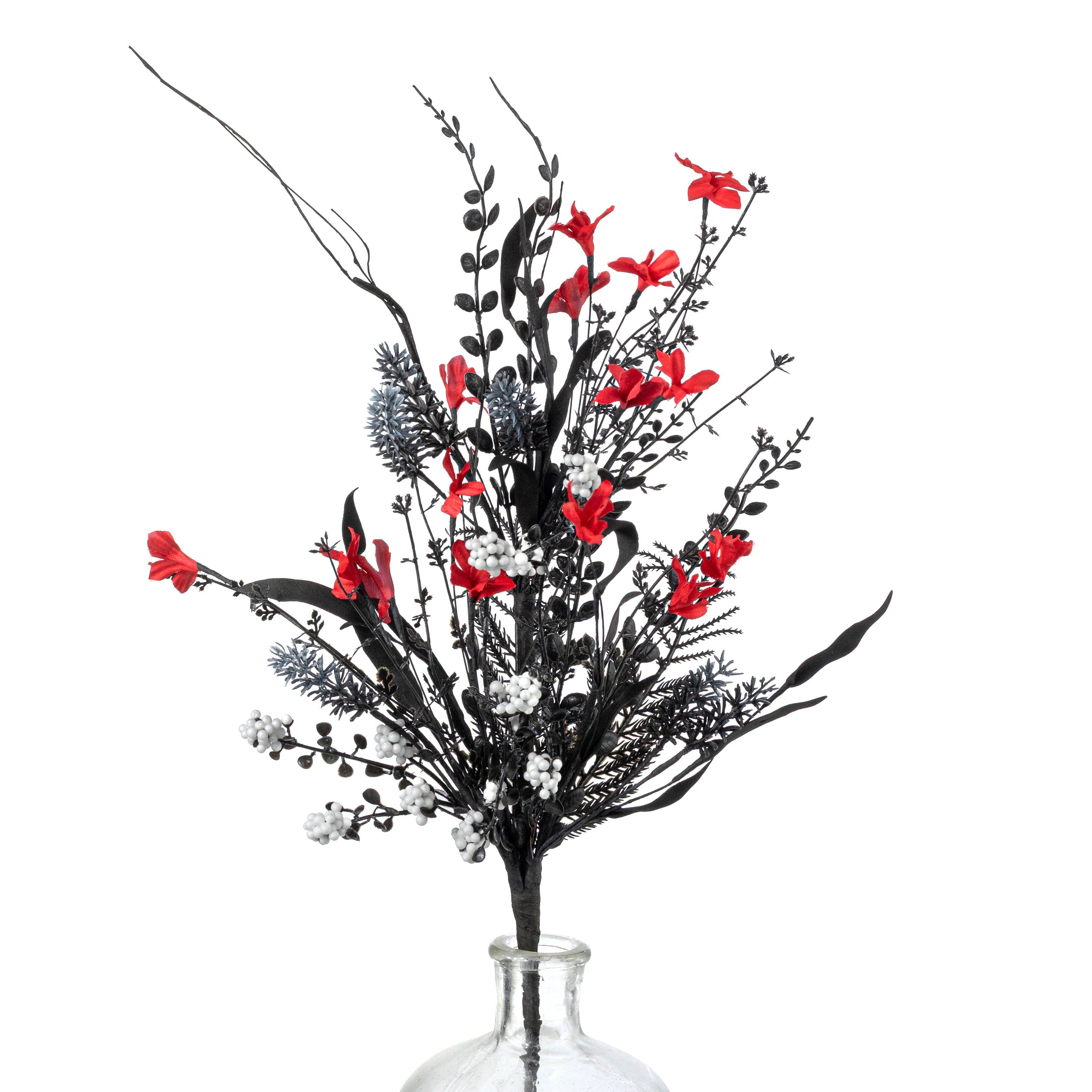24" Fabric Flower, Leaf, Berry Spray: Red, White & Black