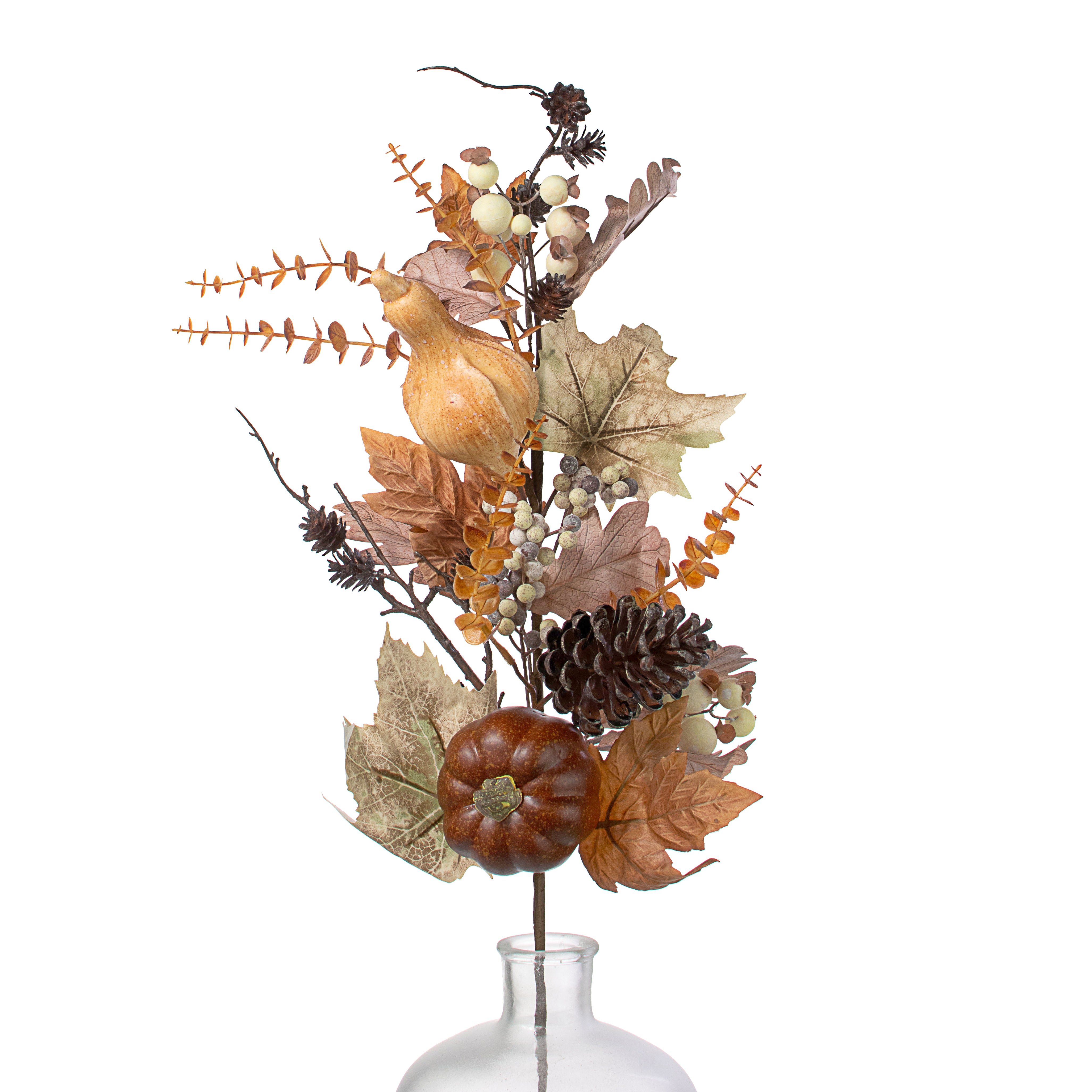 32" Mixed Fall Pumpkins, Leaves & Berries Spray: Brown & Cream