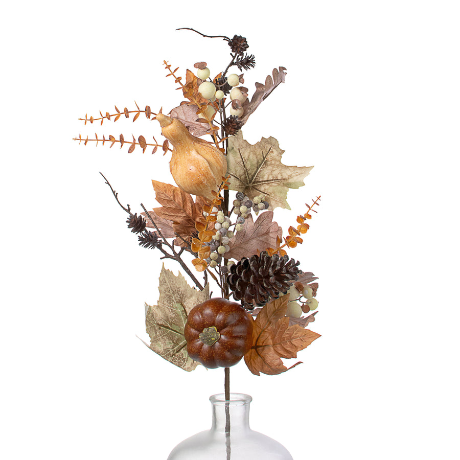 32" Mixed Fall Pumpkins, Leaves & Berries Spray: Brown & Cream