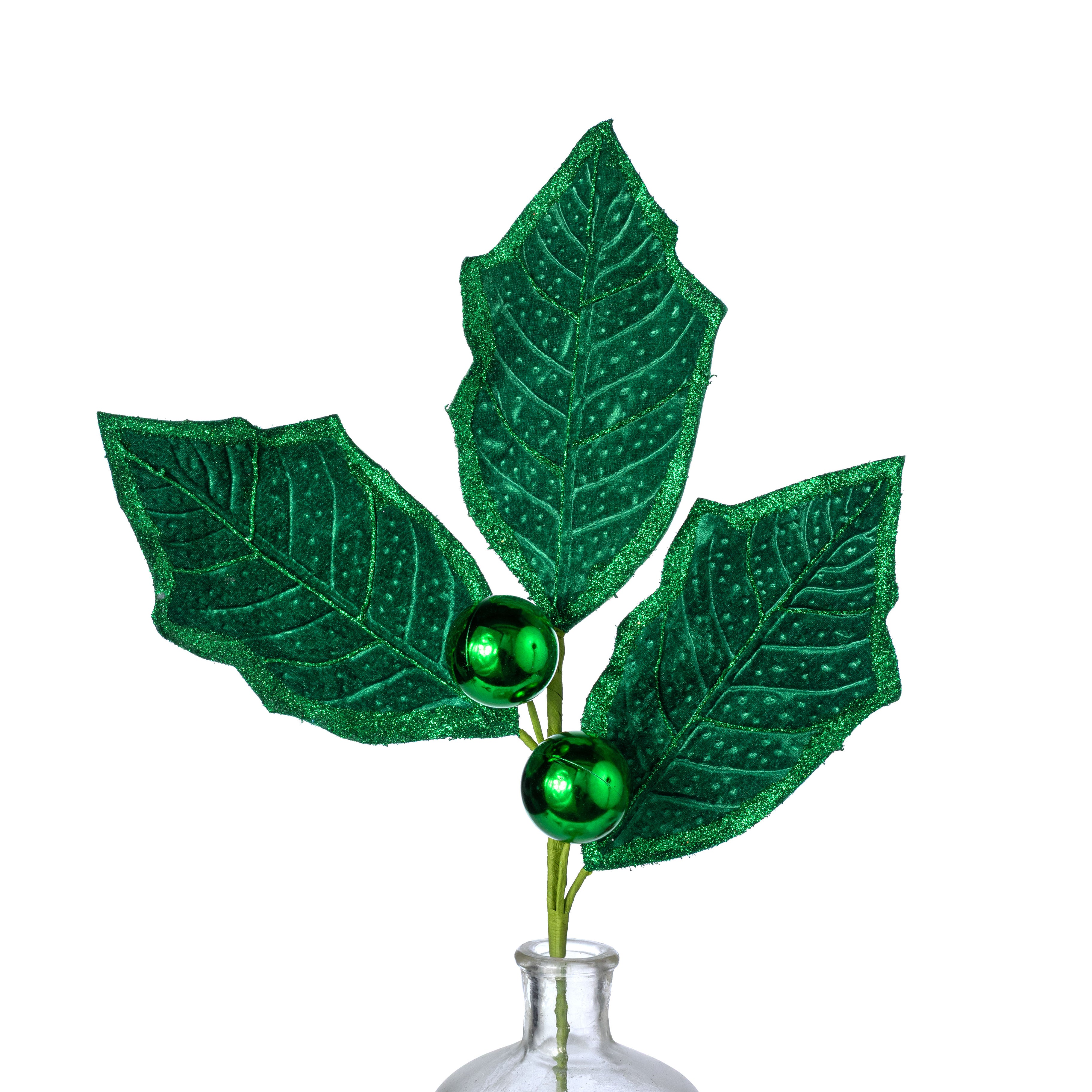 27" Oversized Velvet Holly Leaves Spray: Emerald Green