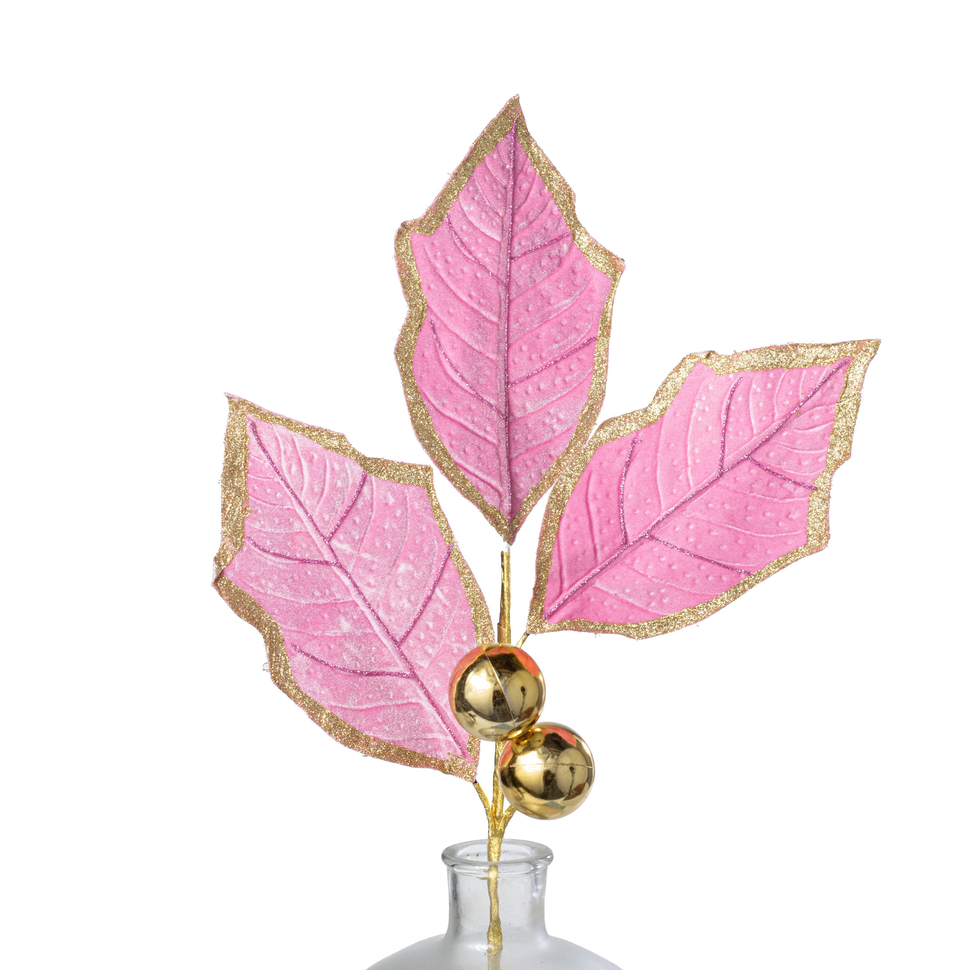 27" Oversized Velvet Holly Leaves Spray: Pink & Gold