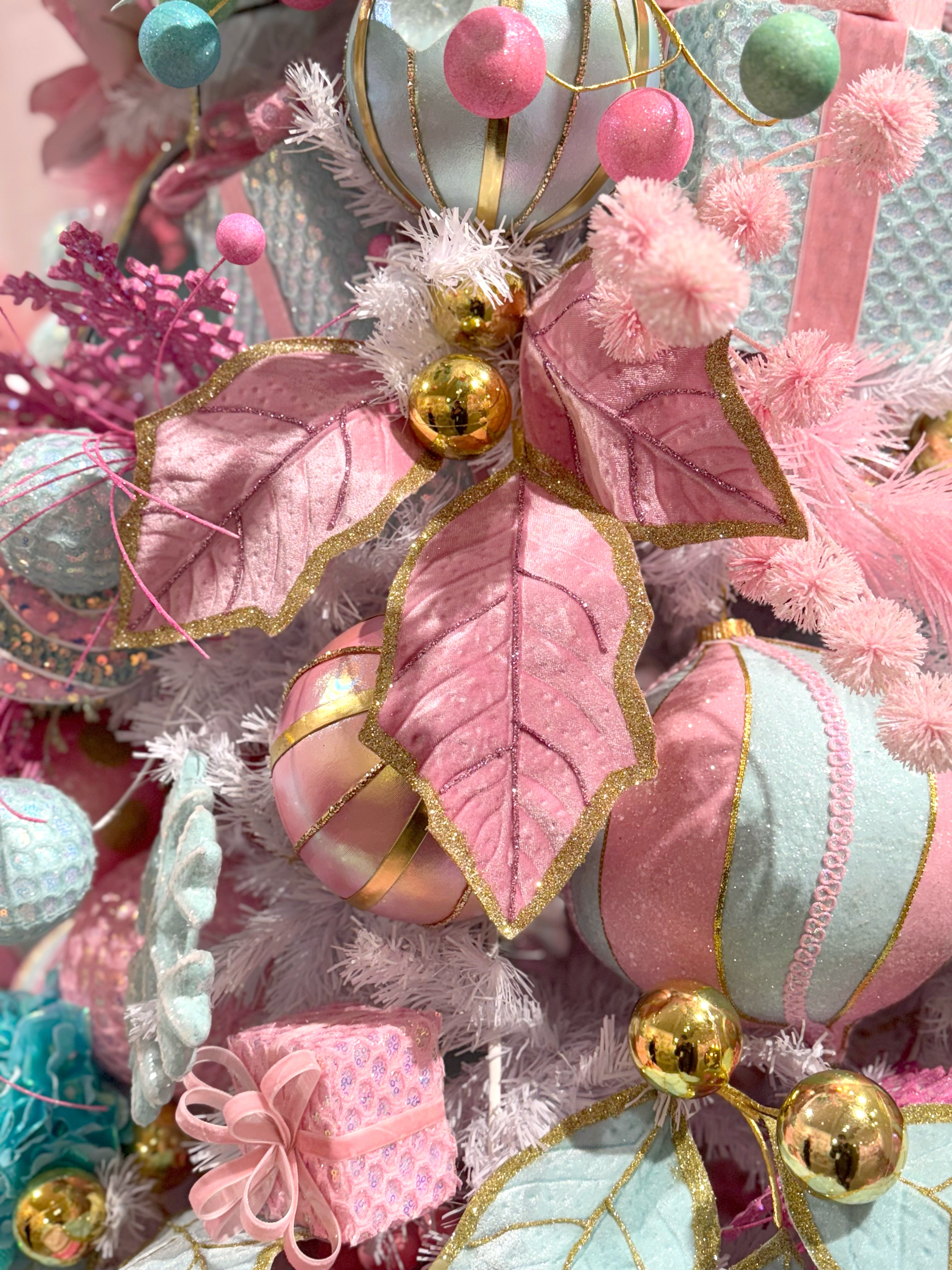 30" Velvet Holly Leaves Spray: Pink & Gold