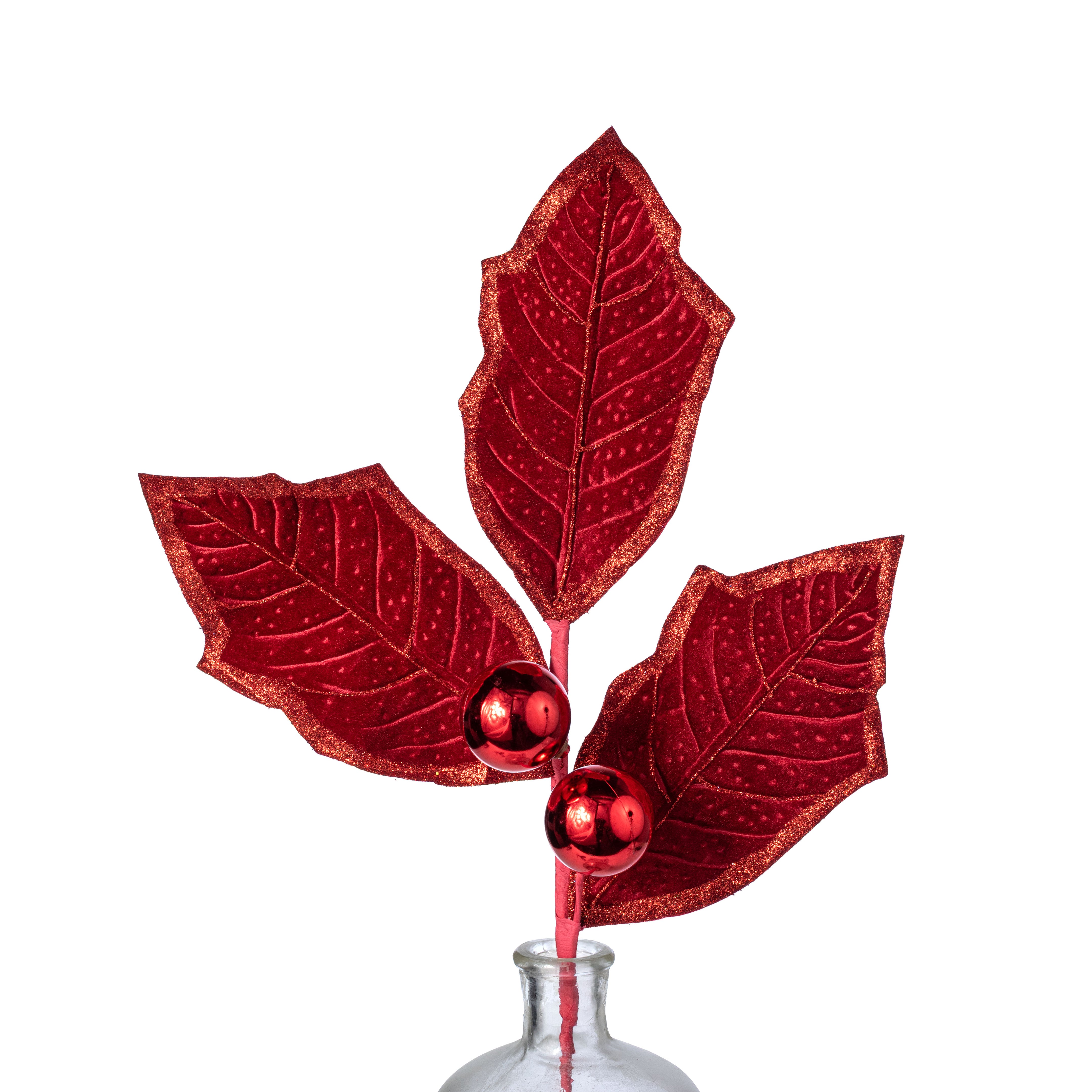 27" Oversized Velvet Holly Leaves Spray: Red