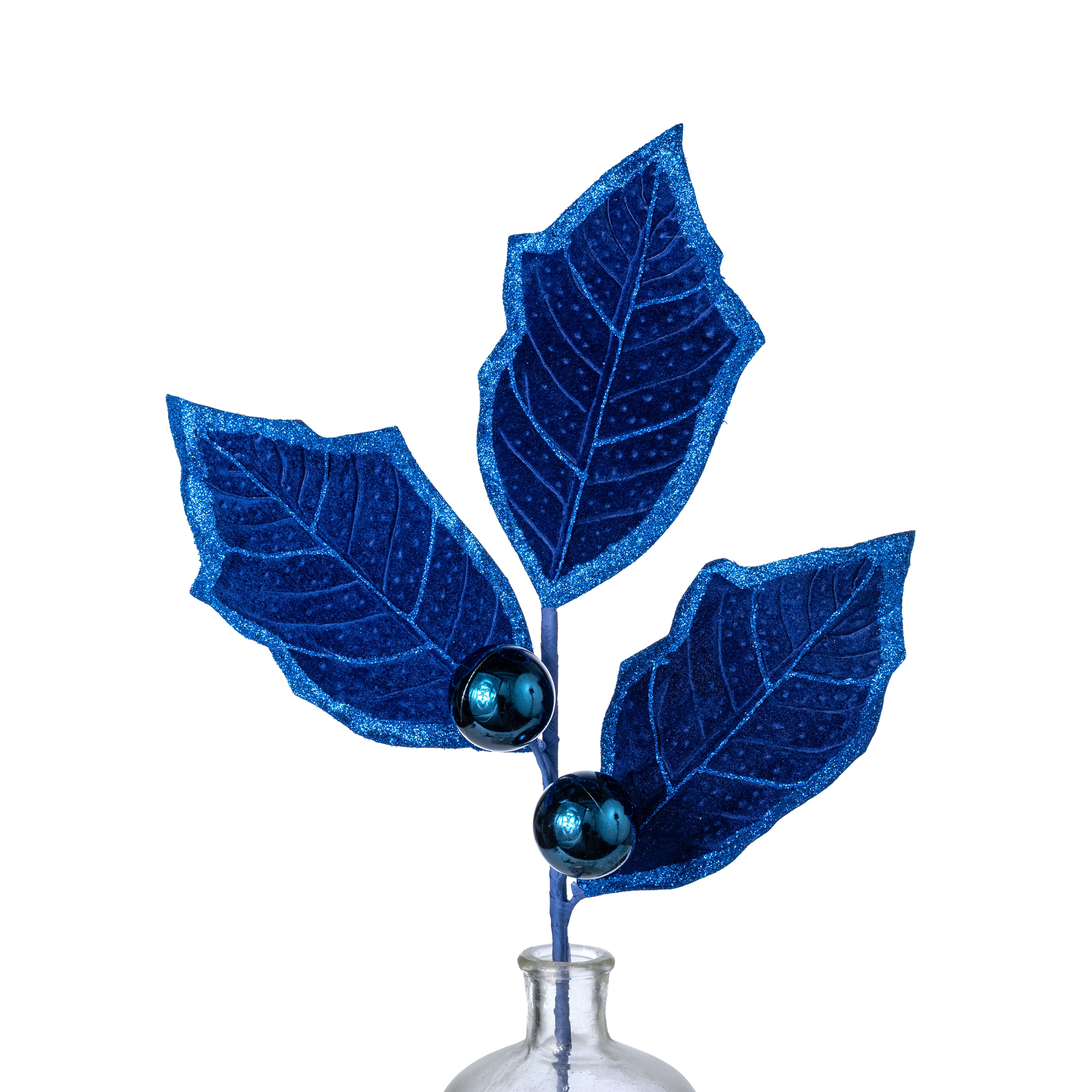 27" Oversized Velvet Holly Leaves Spray: Royal Blue