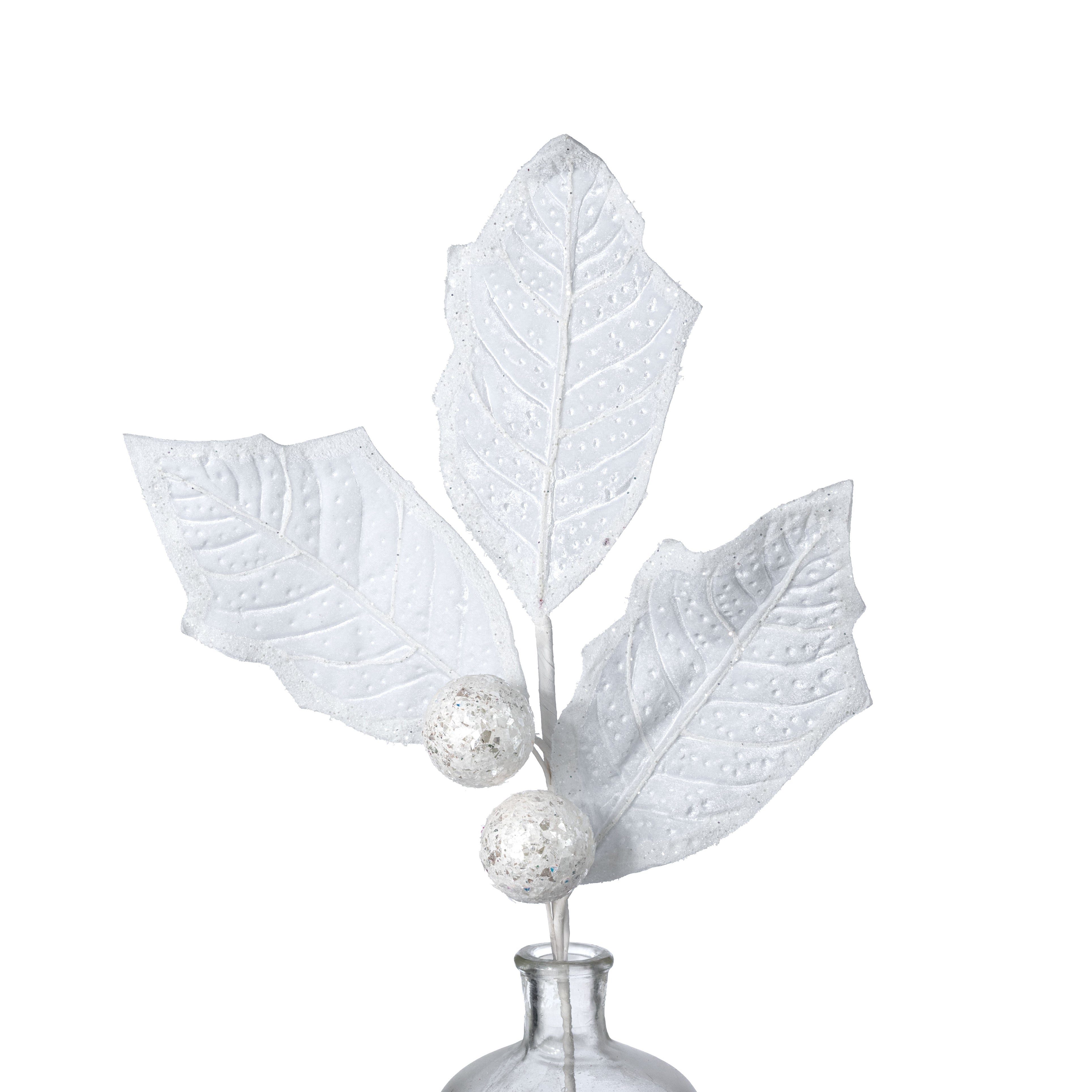 27" Oversized Velvet Holly Leaves Spray: White