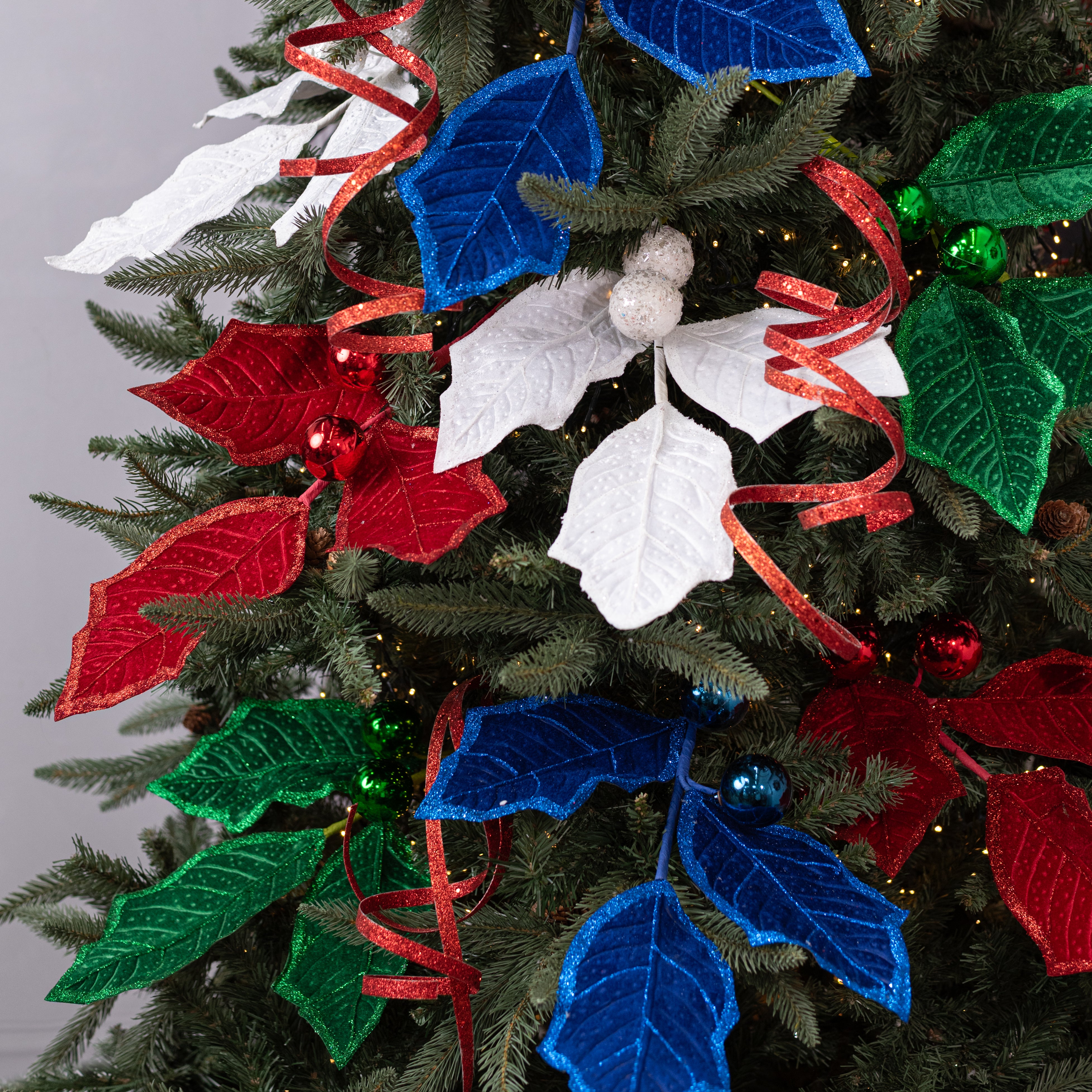 27" Oversized Velvet Holly Leaves Spray: Royal Blue