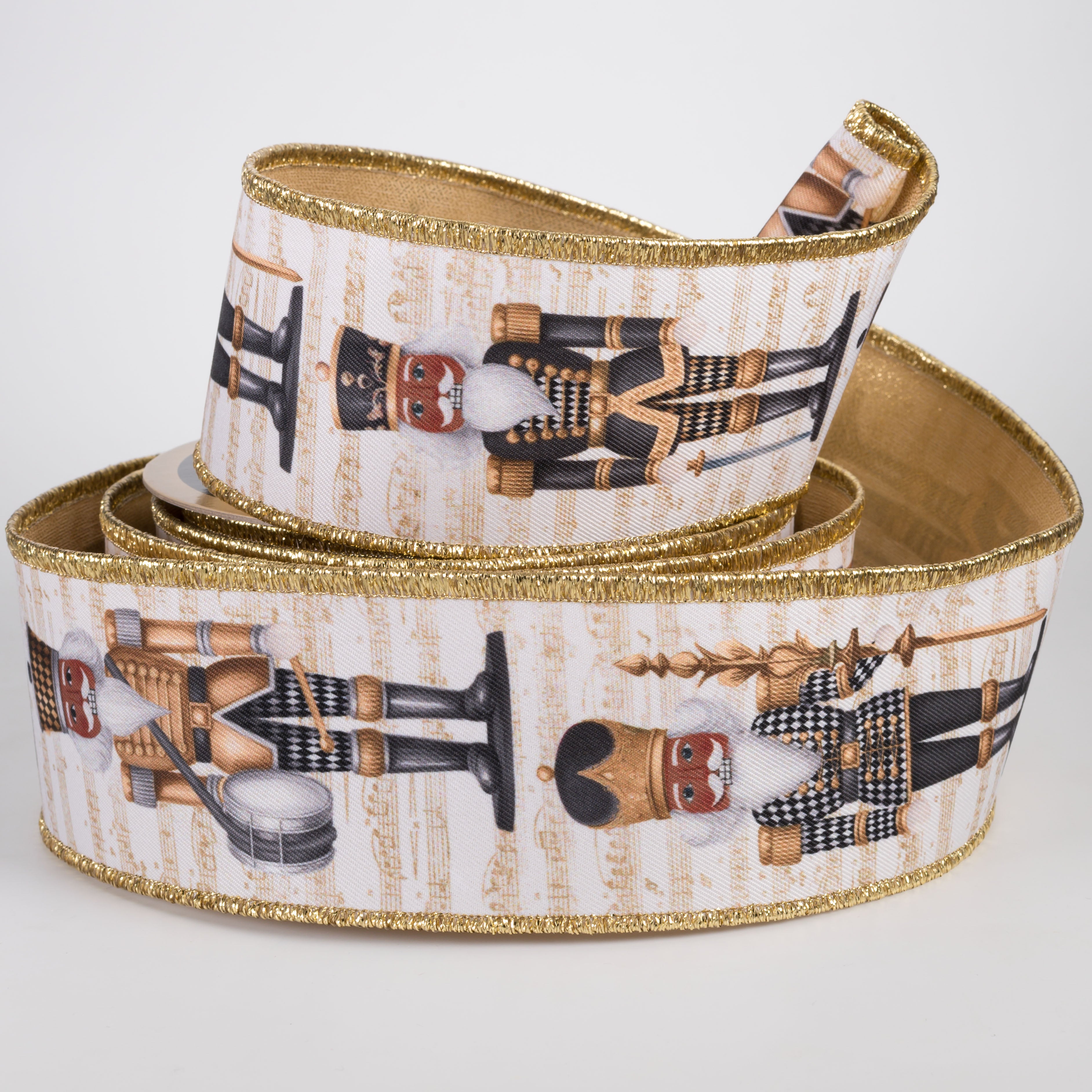 2.5" Double Sided Fused Brown Nutcracker Ribbon: Black Harlequin & Gold LamÃ© (10 Yards)