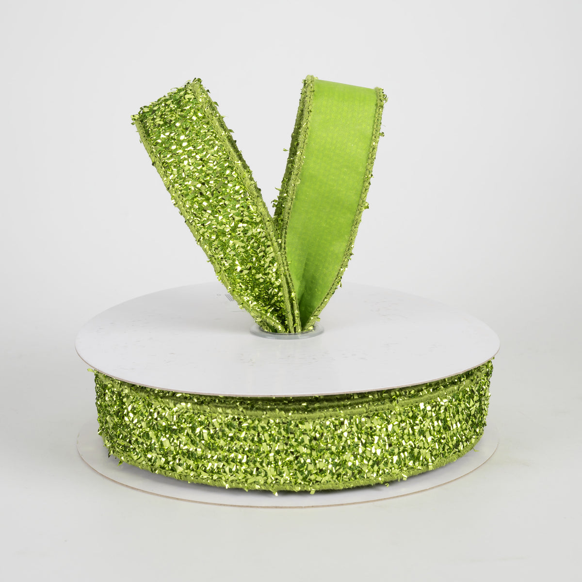 1" Double Sided Fused Tinsel Loop & Satin Ribbon: Lime Green (10 Yards)