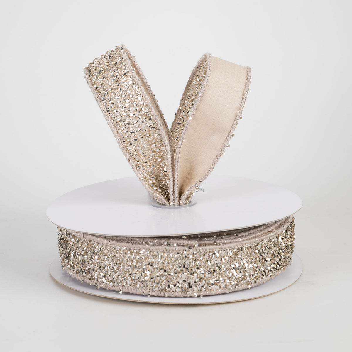 1" Double Sided Fused Tinsel Loop & Satin Ribbon: Champagne (10 Yards)