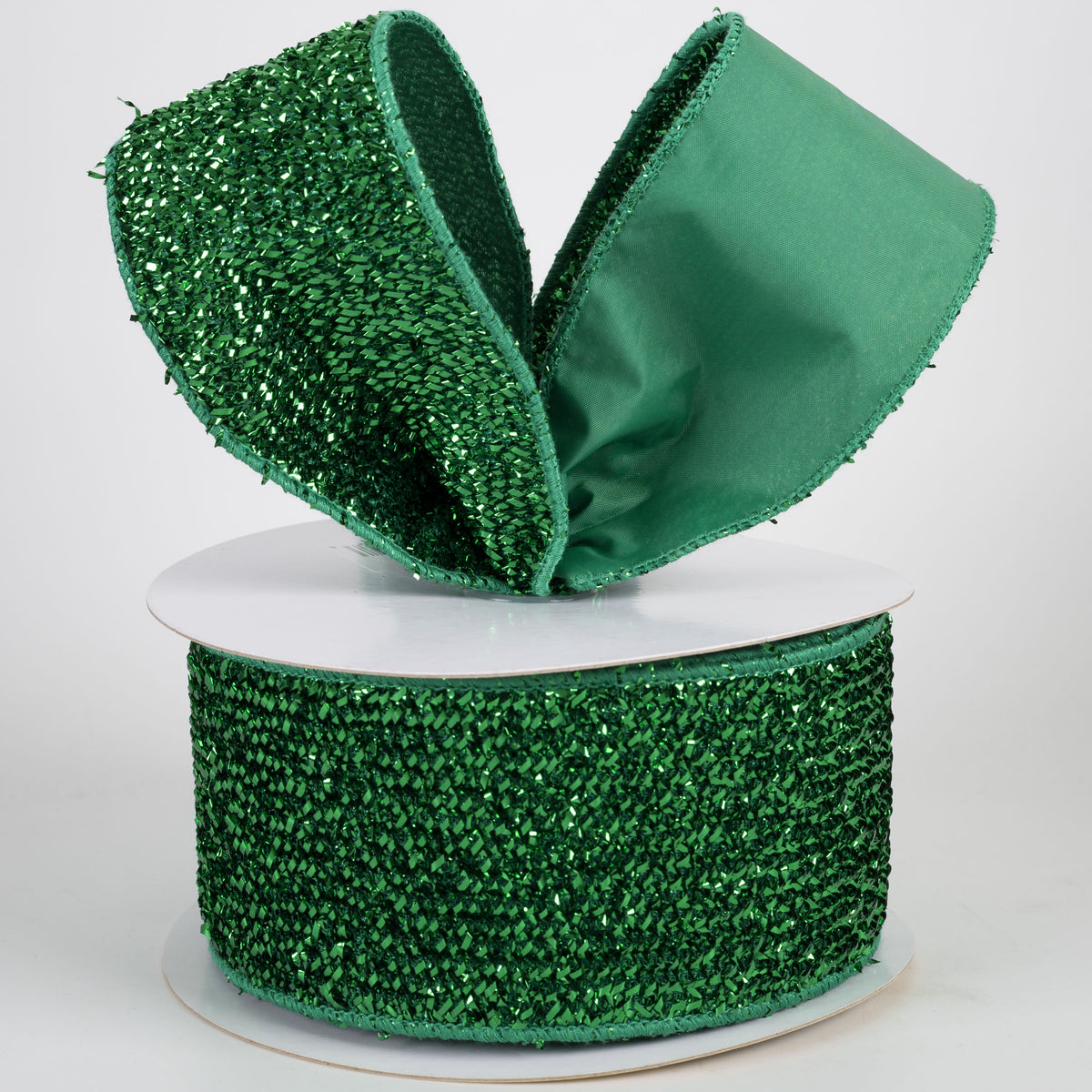 2.5" Double Sided Fused Tinsel Loop & Satin Ribbon: Emerald Green (10 Yards)