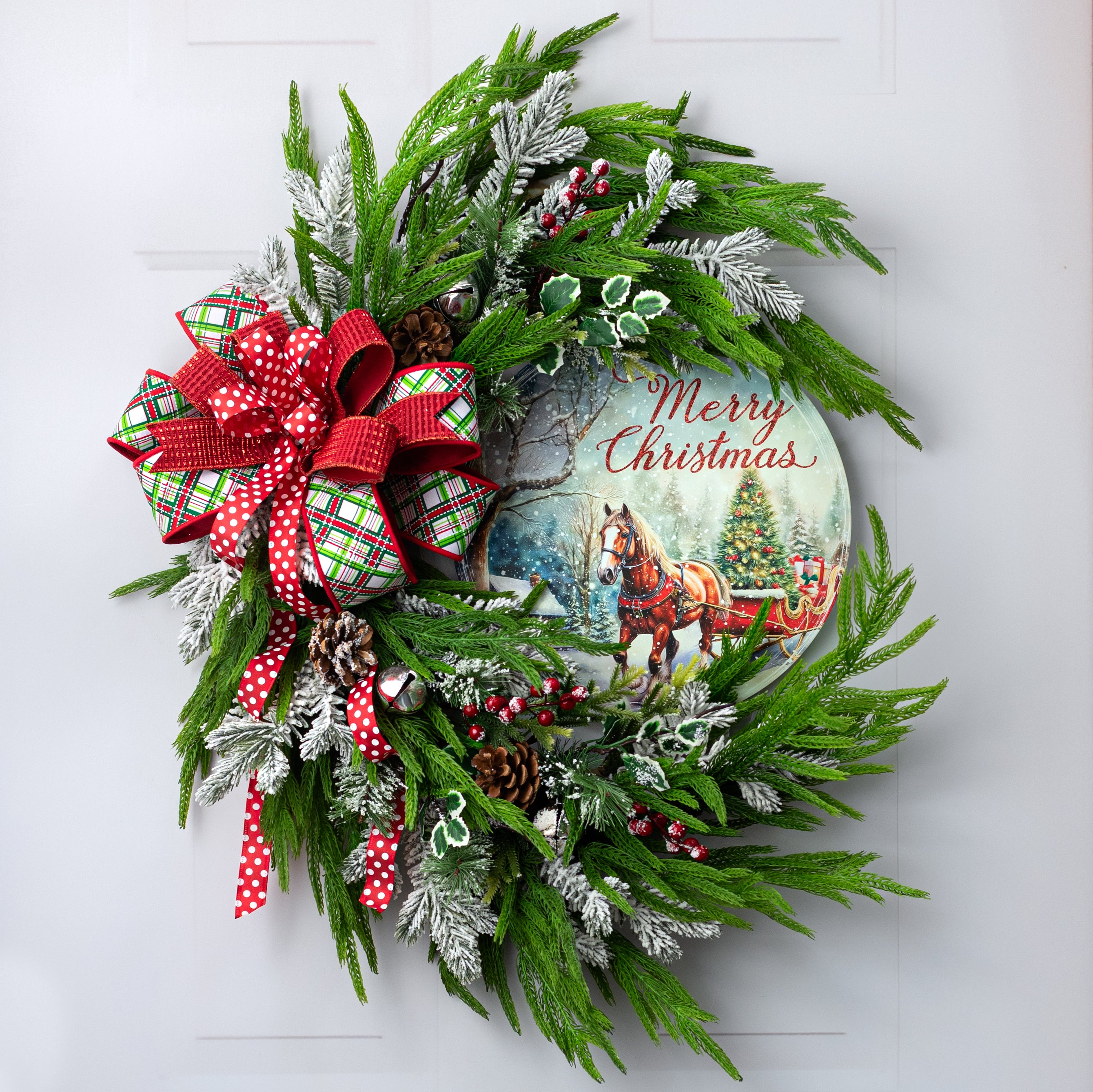 12" Round Metal Sign: Glitter Merry Christmas Horse & Sleigh