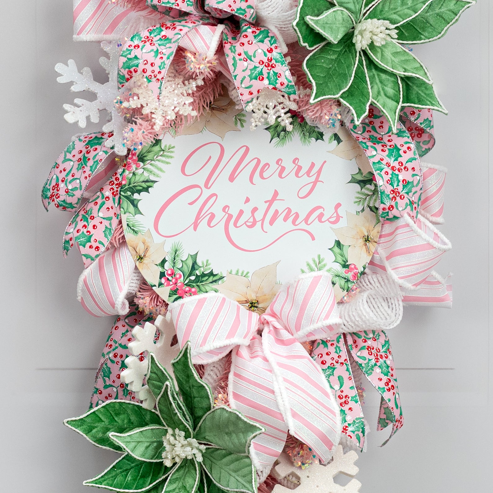 12" Round Metal Sign: Pink Merry Christmas Holly