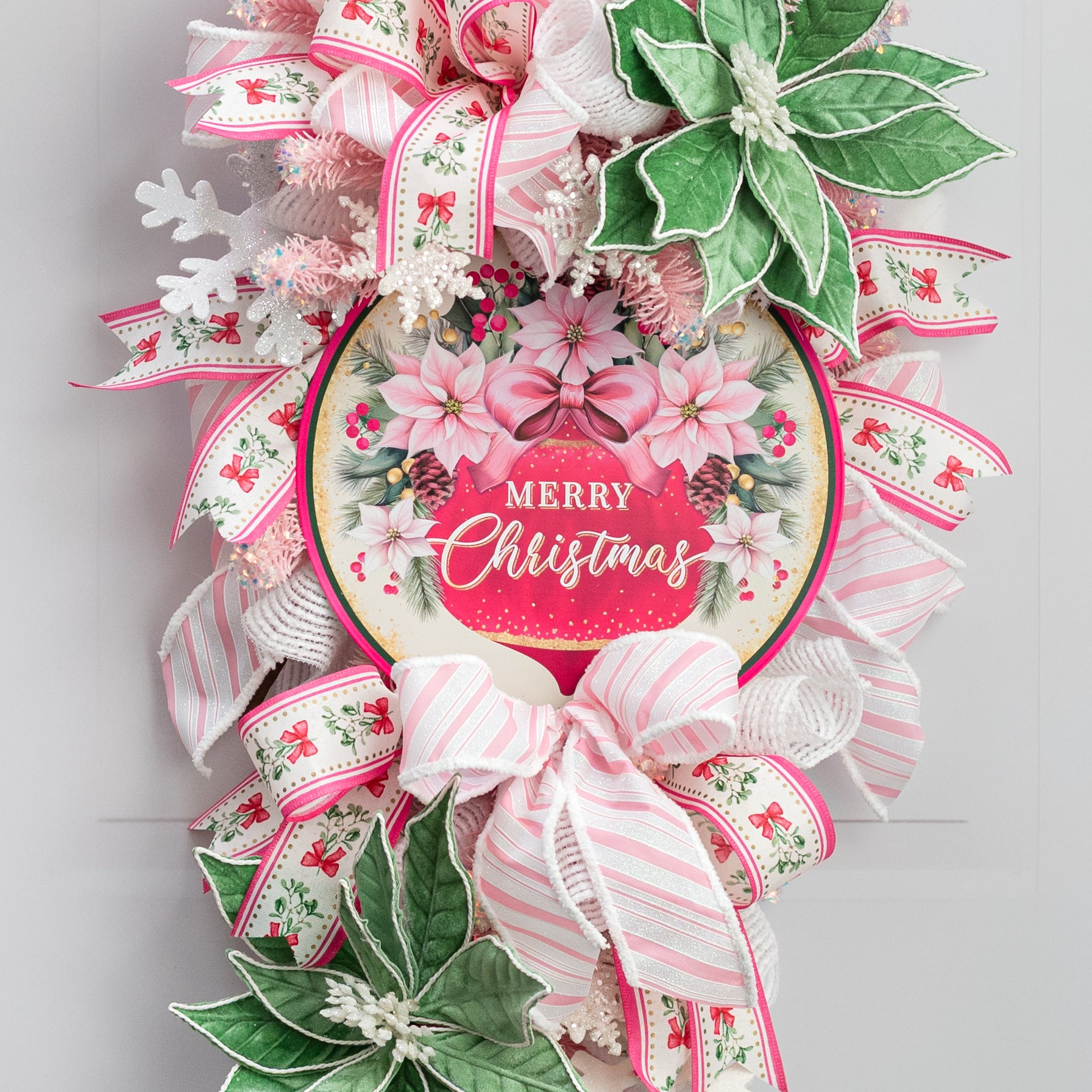 12" Round Metal Sign: Merry Christmas Ornament & Pink Poinsettias