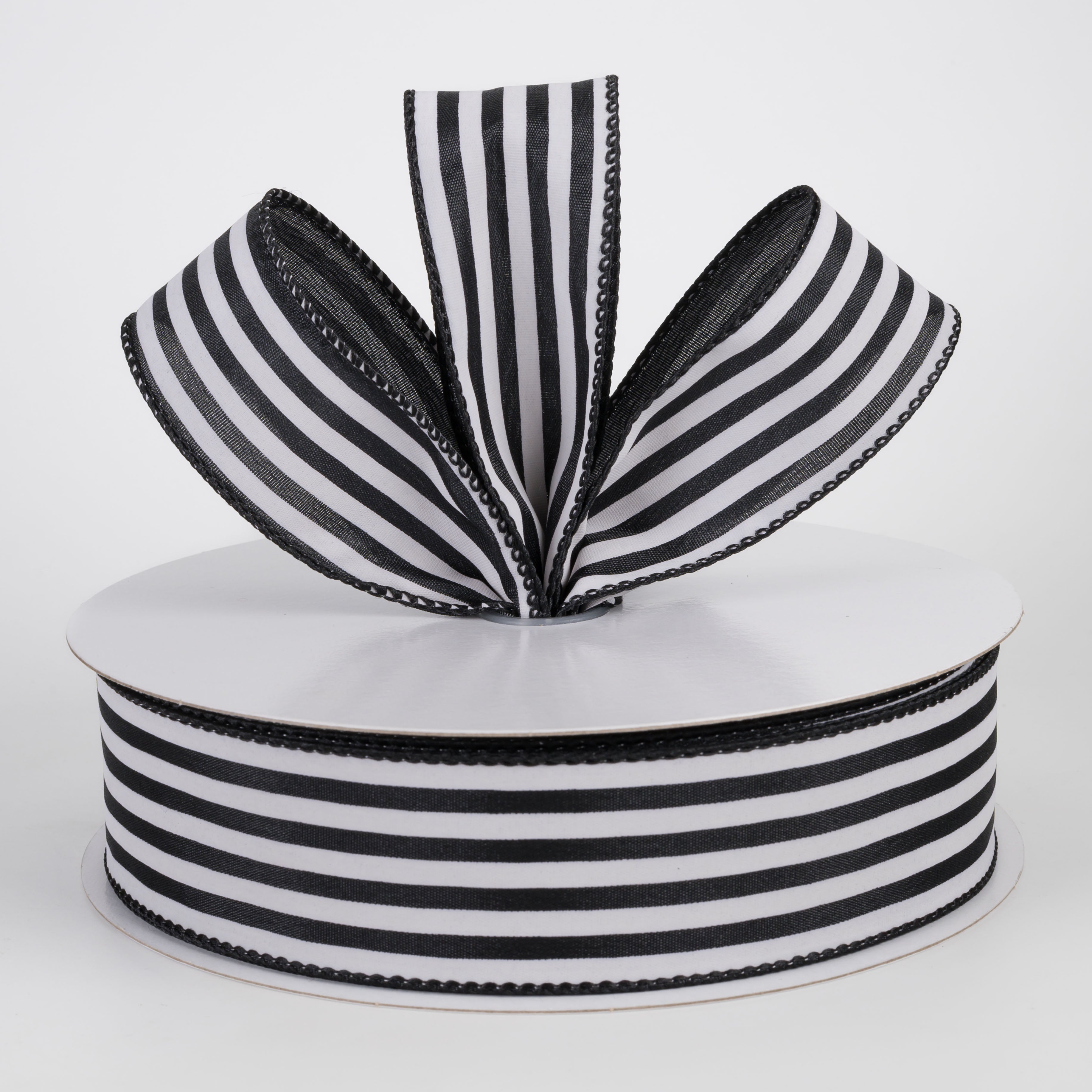 1.5" Cabana Stripes Ribbon: White on Black Satin (50 Yards)