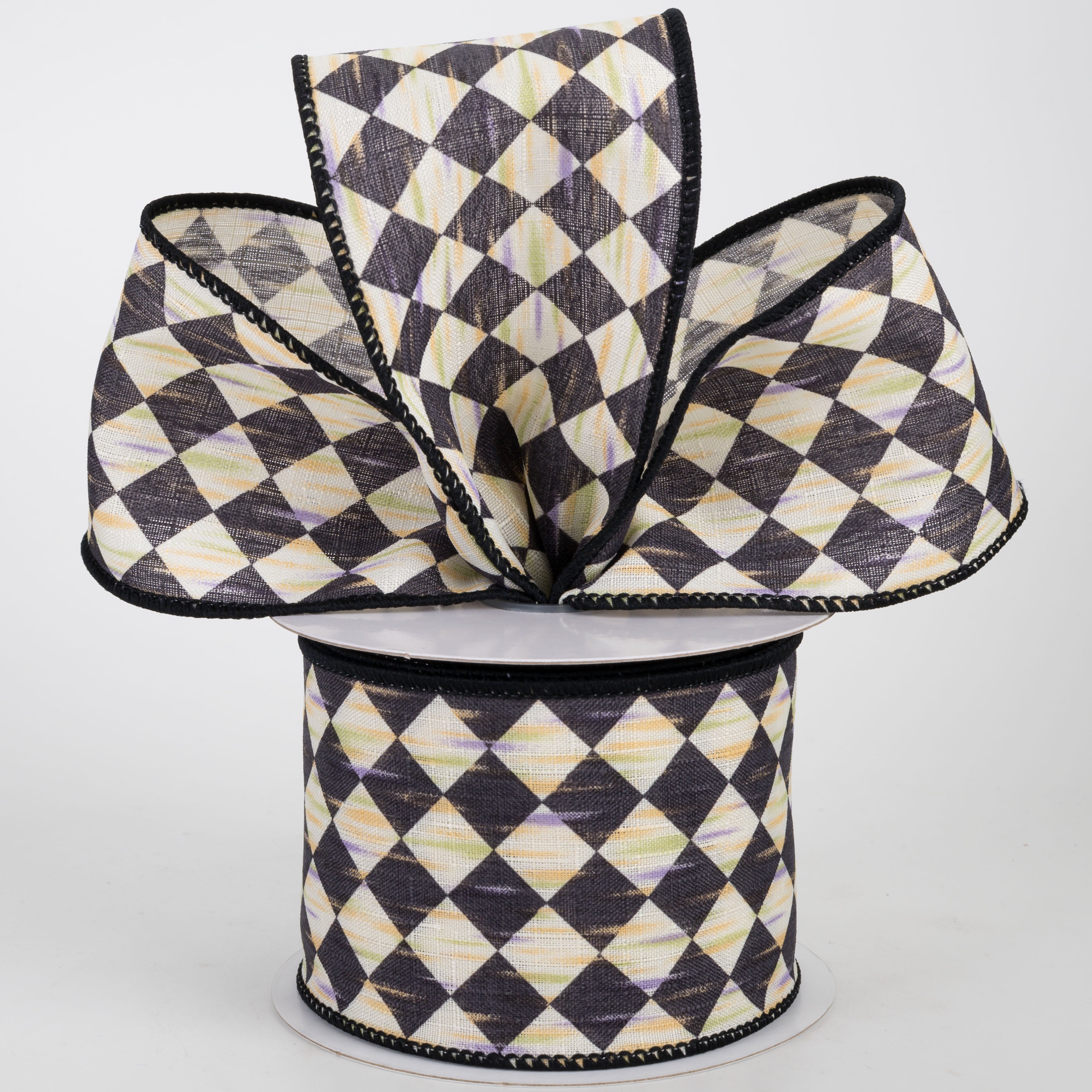 2.5" Antique Diamond Harlequin Ribbon: Black & Cream (10 Yards)