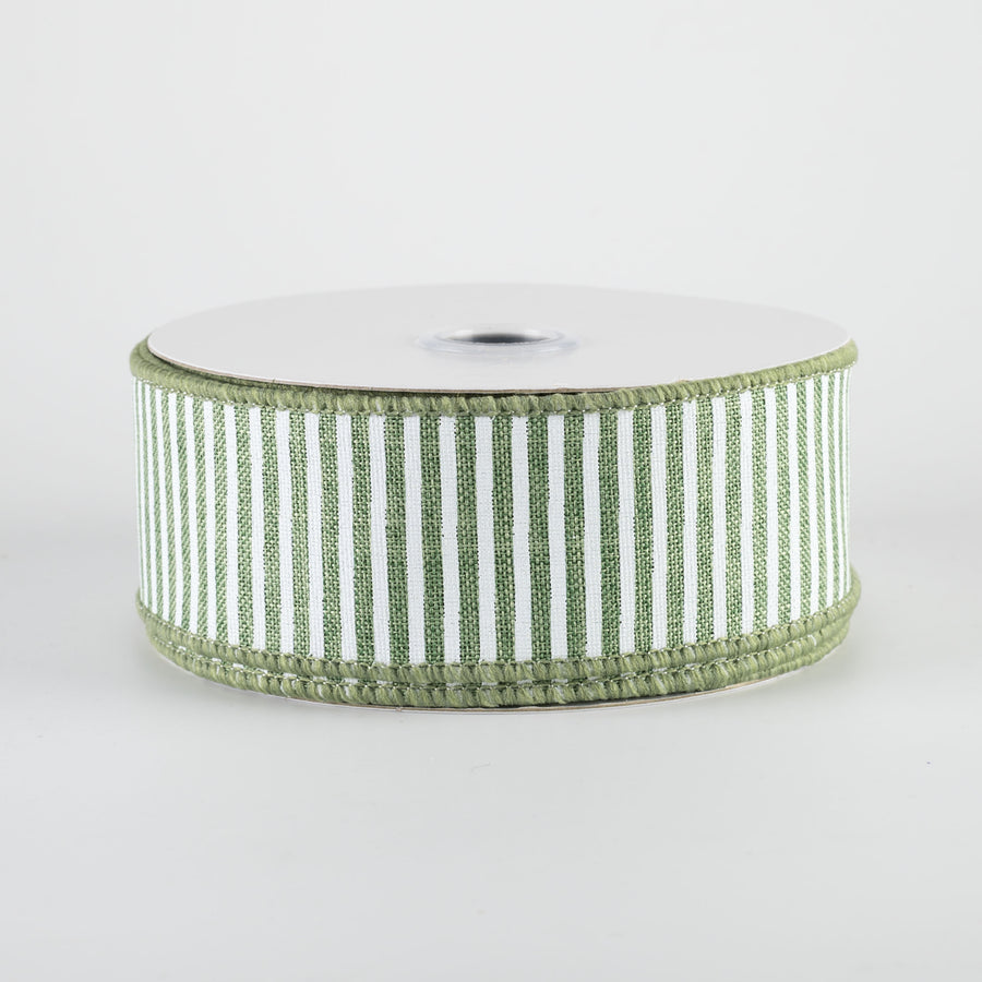 1.5" Royal Canvas Pinstripe Ribbon: Clover Green & White