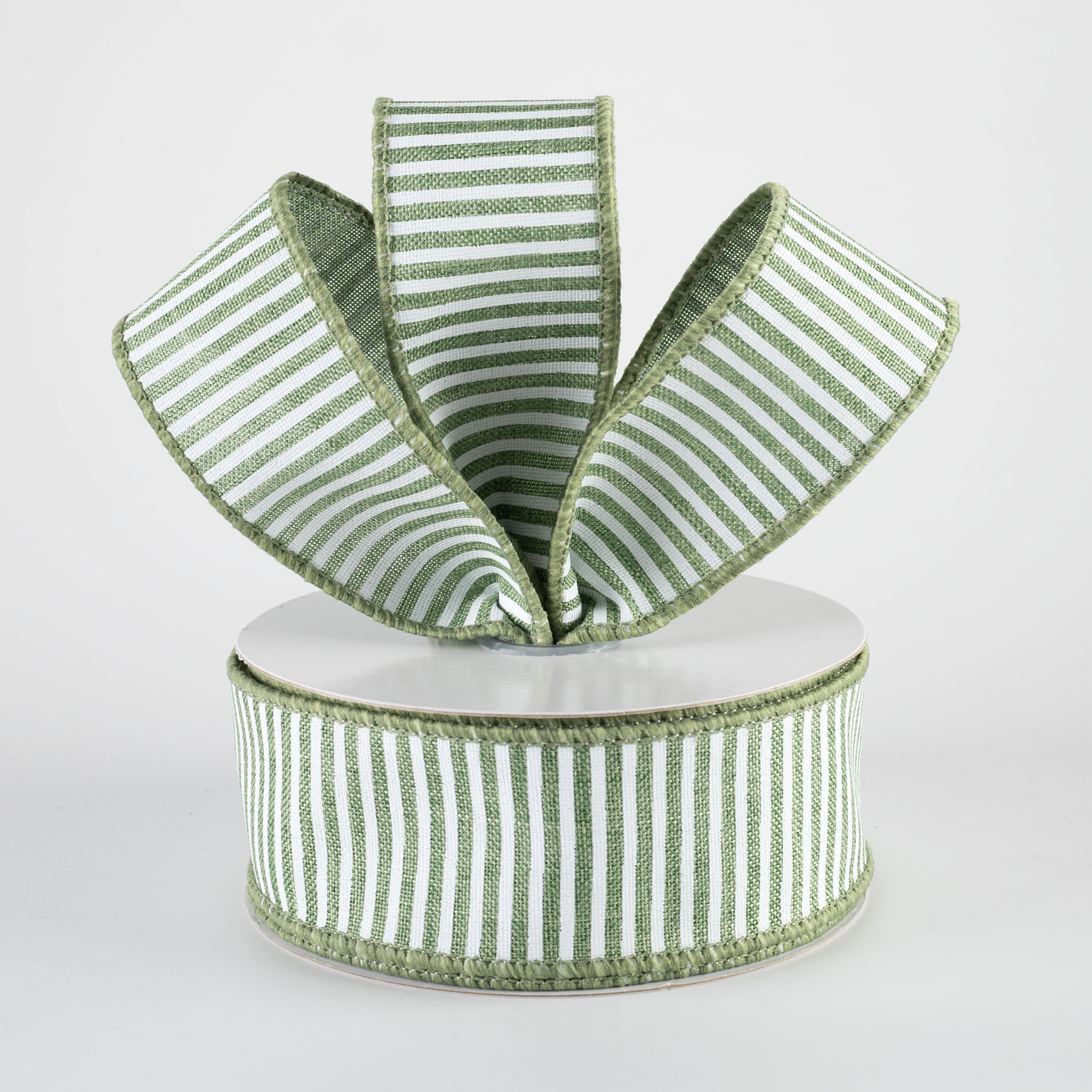 1.5" Royal Canvas Pinstripe Ribbon: Clover Green & White