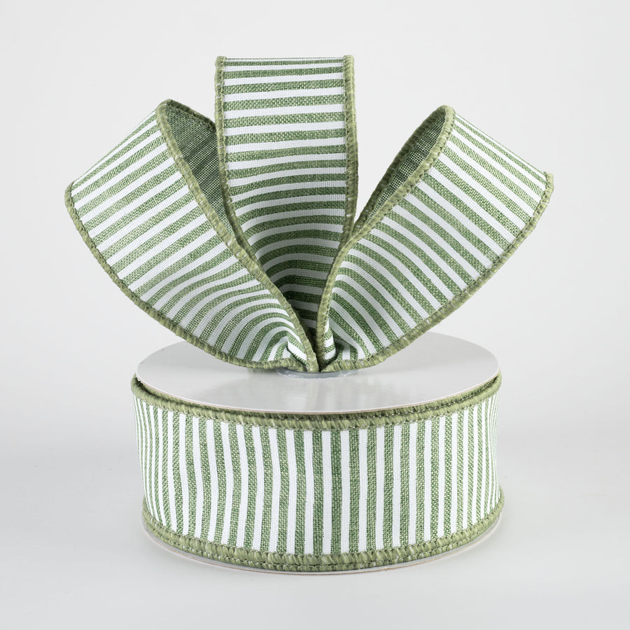 1.5" Royal Canvas Pinstripe Ribbon: Clover Green & White