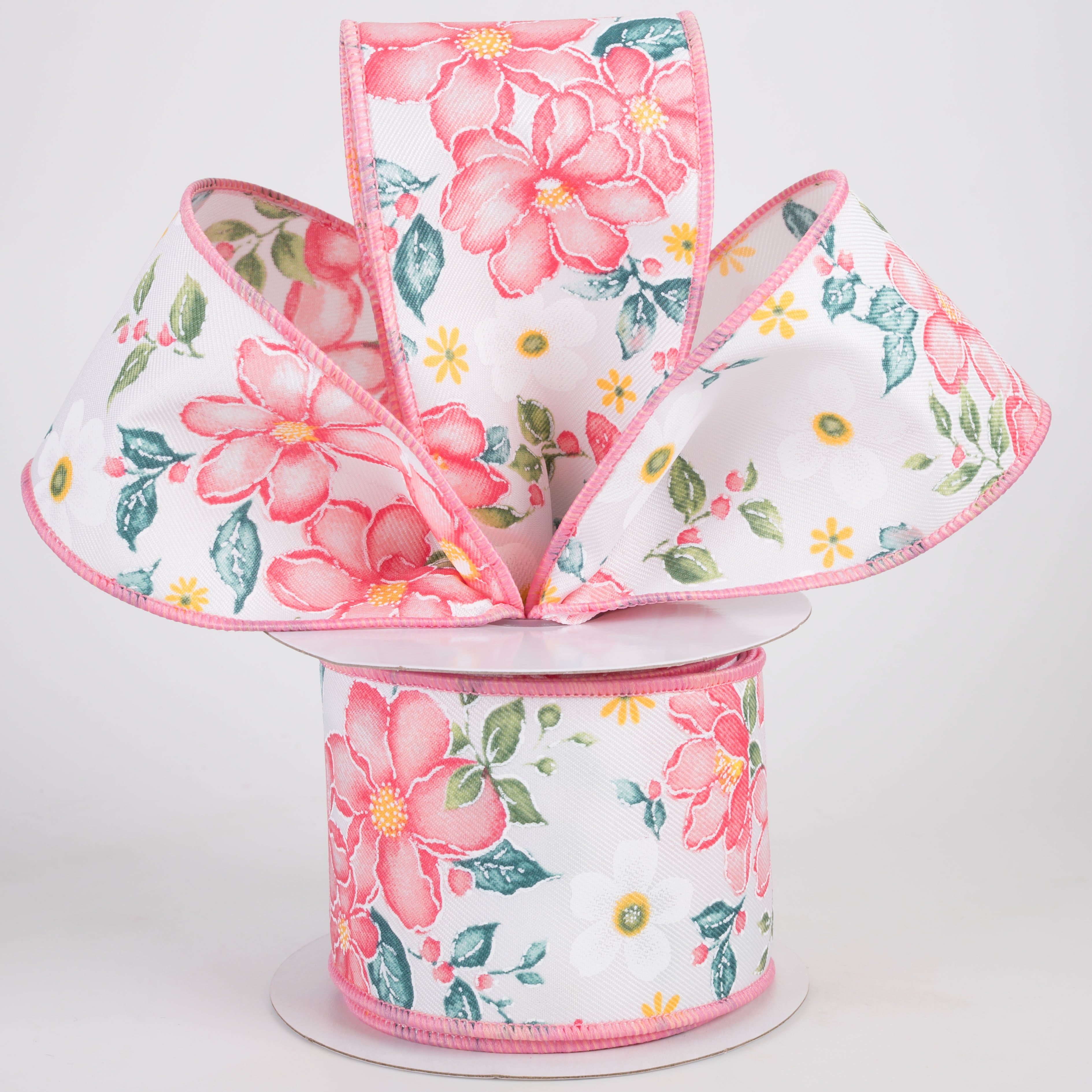 2.5" Watercolor Flowers Ribbon: Dark Rose, Coral, Green, Teal (10 Yards)