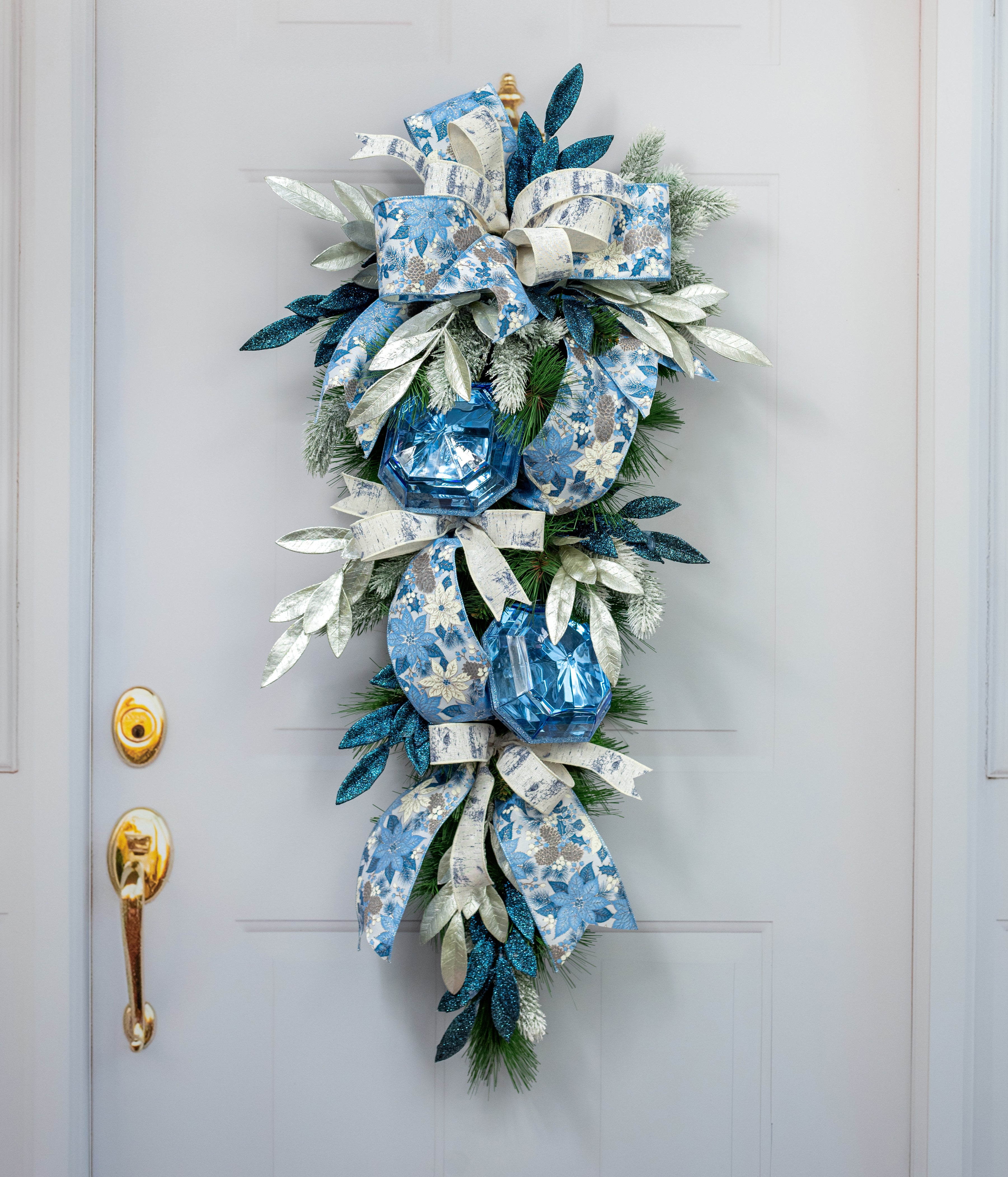 4" Poinsettias & Pinecones Ribbon: Blue & Ivory (10 Yards)