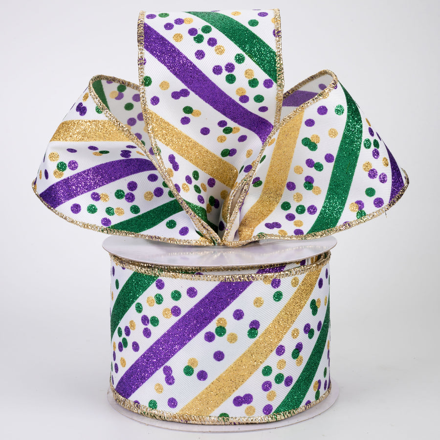 2.5" Diagonal Glitter Stripes & Confetti Dots Ribbon: Mardi Gras (10 Yards)