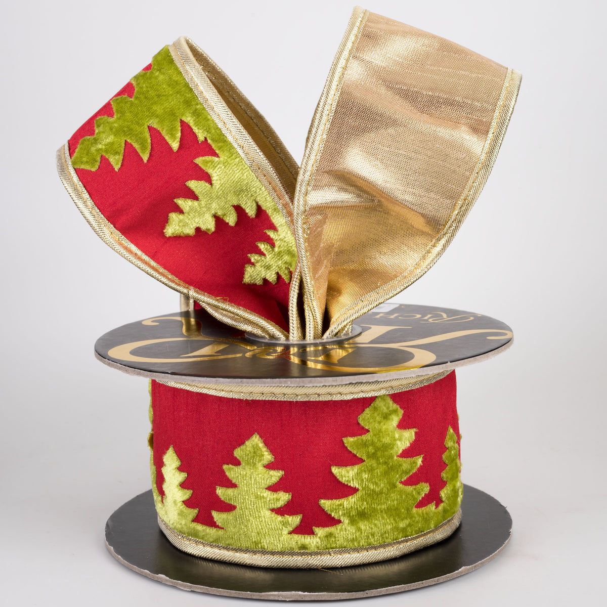 2.5" Velvet Christmas Tree on Dupioni & Metallic Dupioni Fused Ribbon with Piping: Red, Green & Gold (5 Yards)