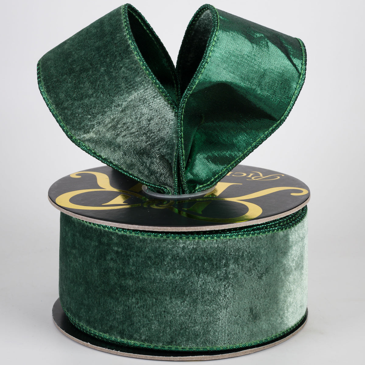 2.5" Double Fused Sheldon Velvet & Metallic Dupioni Ribbon: Emerald Green (10 Yards)