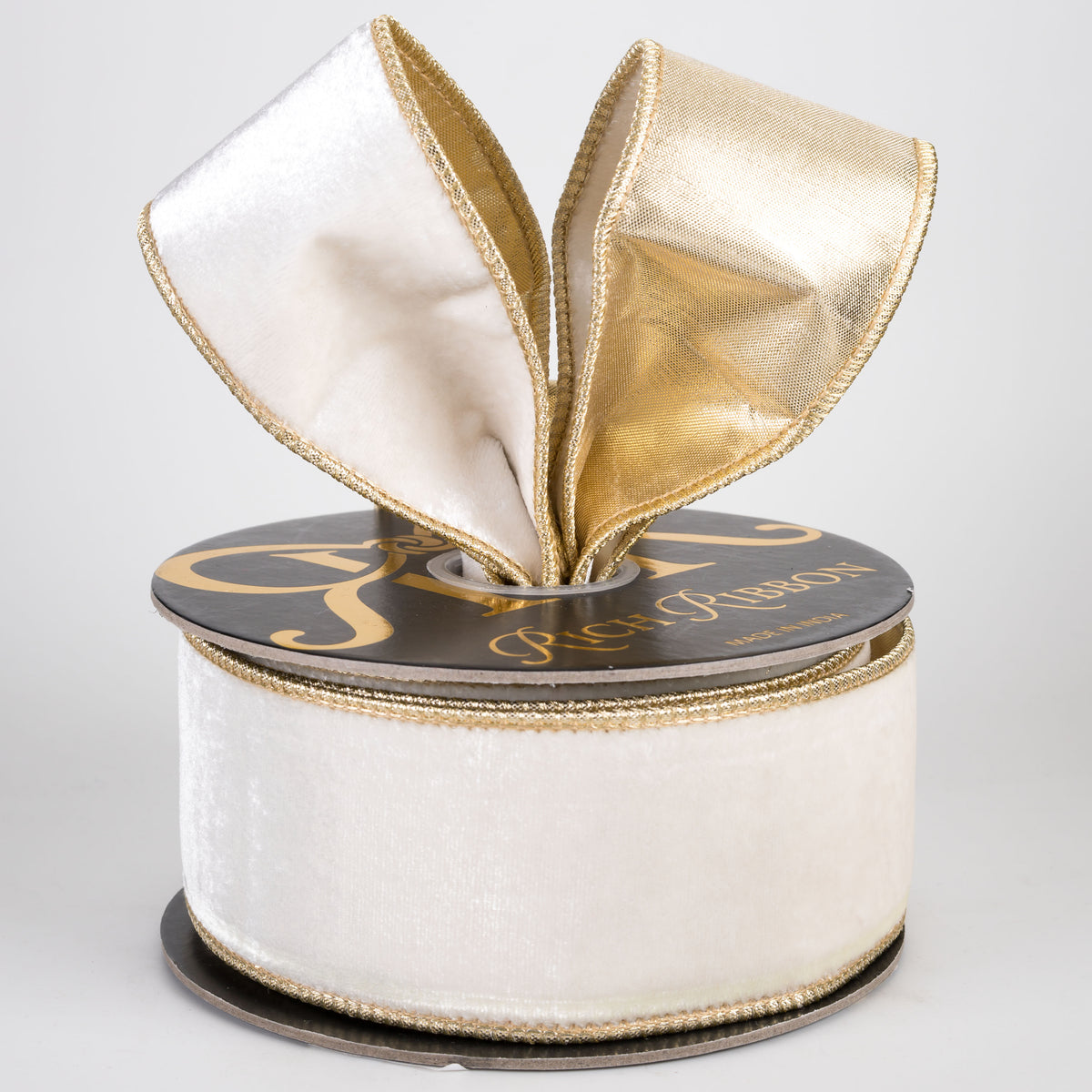 2.5" Double Fused Sheldon Velvet & Metallic Dupioni Ribbon: Ivory & Gold (10 Yards)