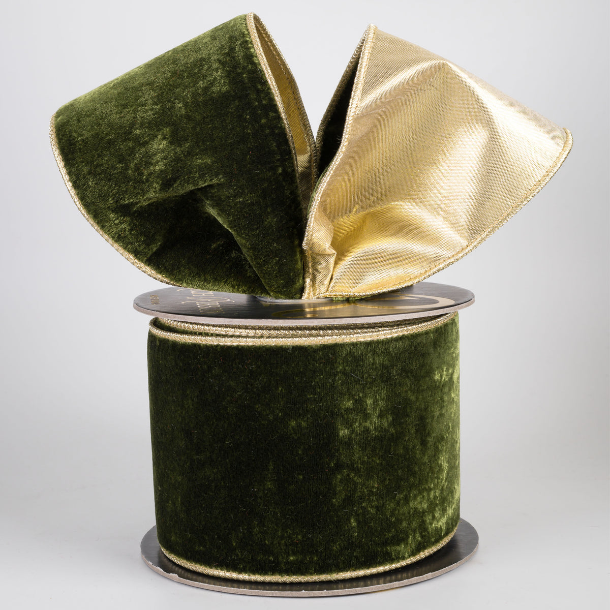 4" Double Fused Sheldon Velvet & Metallic Dupioni Ribbon: Moss Green & Gold (10 Yards)