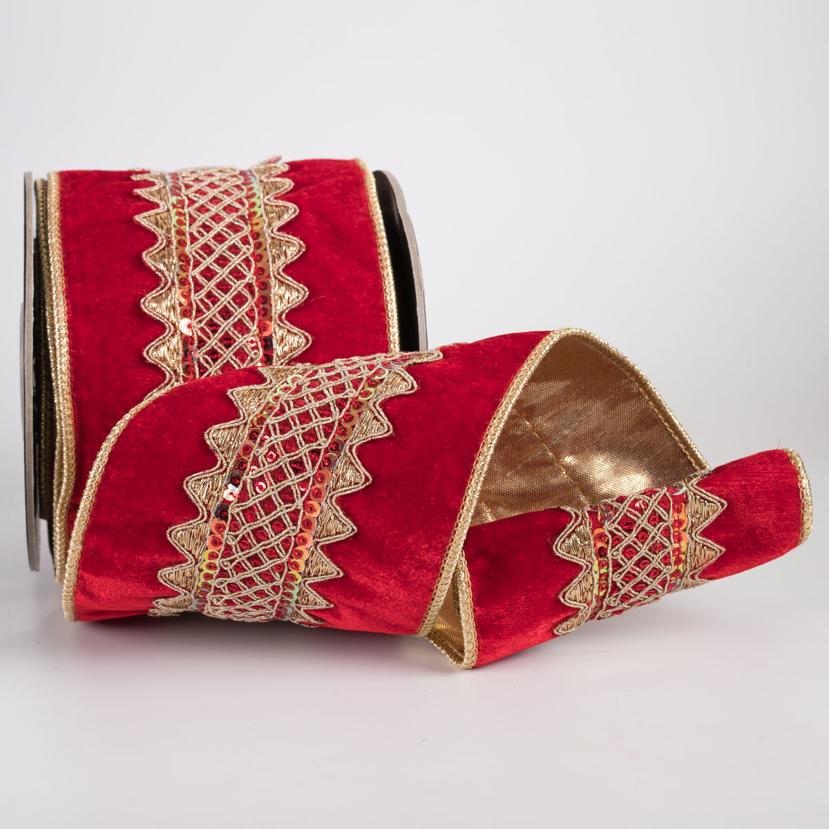 4" Sequin Center Trim Sheldon Velvet & Metallic Dupioni Fused Ribbon: Christmas Red & Gold (5 Yards)