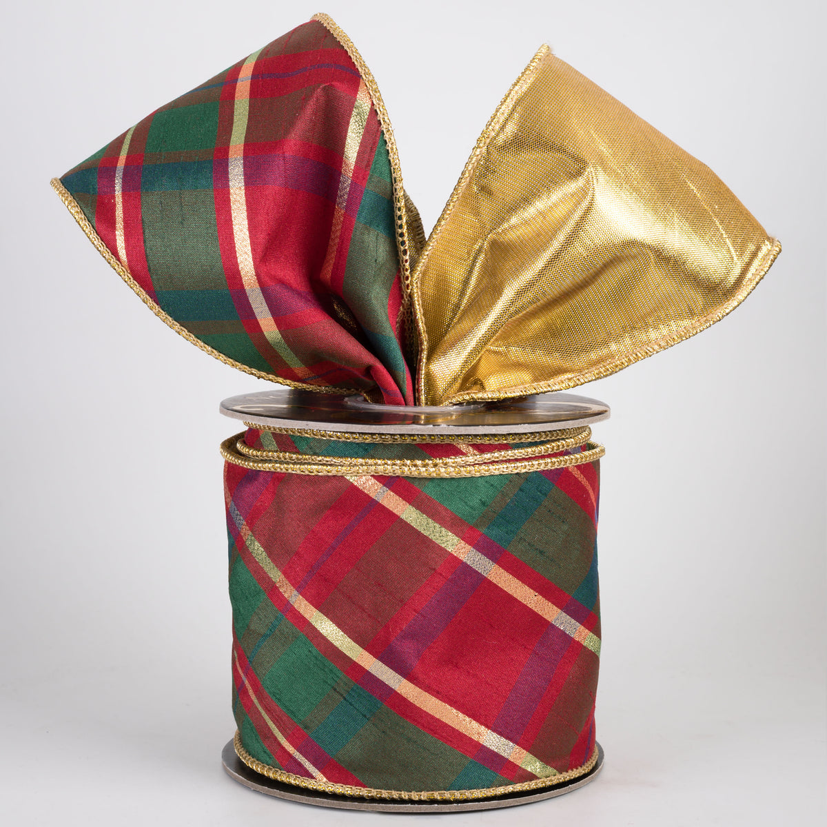 4" Bias Plaid Dupioni & Metallic Dupioni Fused Ribbon: Red, Green & Dark Gold (10 Yards)